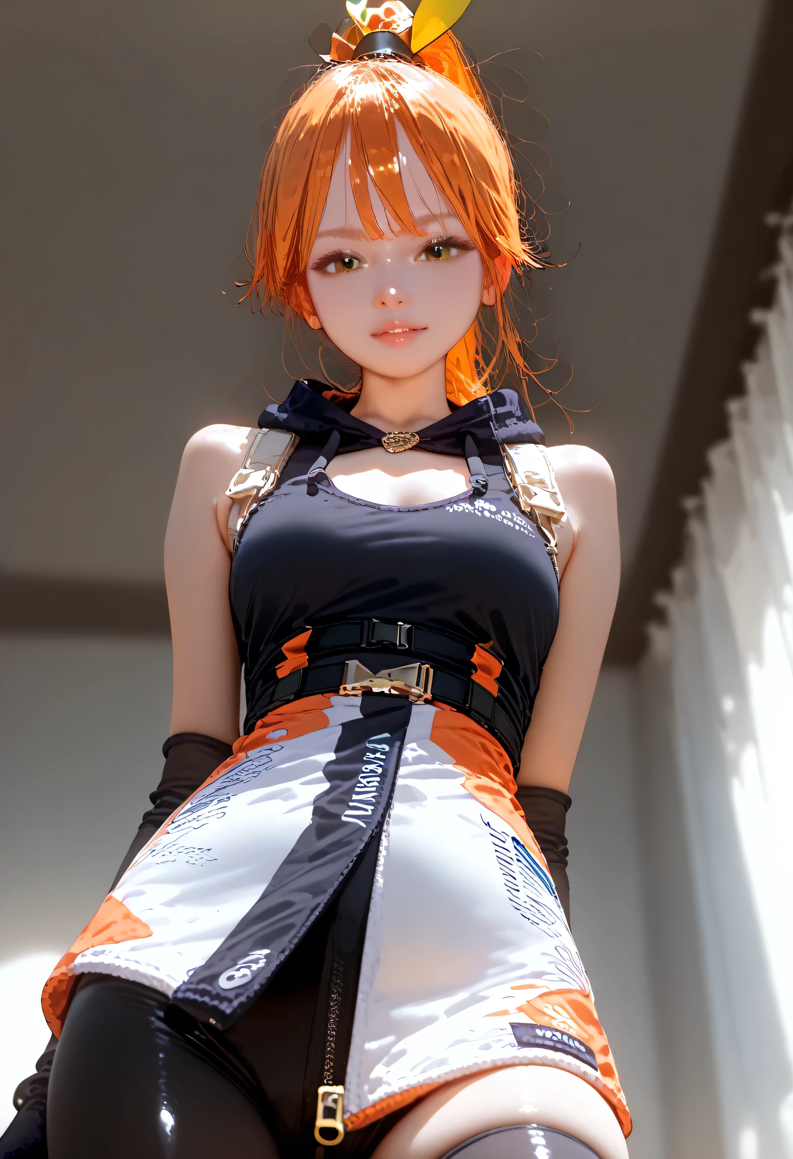 Pretty Asian girl, idol, extremely detailed CG, 8K High Quality, Depth of field, Cinematic Light, Lens Flare, Ray tracing, beautiful lips, lots of cute soft freckles, beautiful detailed eyes, intricate detail face, ultra detailed skin, 1girl, in the dark, deep shadow, front shot, face forward, she has red lipstick, big eyes, highly detailed black brown eyes, random position, pale skin,(( flashy orange hair, orange eyebrows)), ((very small perky breasts)), very nice detailed cleavage, looking at viewer, shy smile, she has lots of tattoos, must wear a shirt, (she wear tight slutty low waist dolphin shorts), tight t-short with logo that matches shorts, wide gap between thighs:1.6, view full body from head to toe shot, navel piercing, wear bunny ears headband, wear high thighs socks , loops earrings, piercings, jewelry, lots bracelets, at the amusements park, (Intense sex appeal of young women), (woman who makes erotic temptations),
exhibiting idol-like features, emerges from the depths of shadow in an extremely detailed CG Unity 8K wallpaper. Her beautifully sculpted face boasts intricate details, with ultra-detailed skin that appears almost alive, midriff, (she's a lot chubby). (She has big round hips), (she has a big wide thighs gap), ( She has a big butt) (She has very small shoulders), ((her shorts are really tight as it pushes real hard against her pussy ))