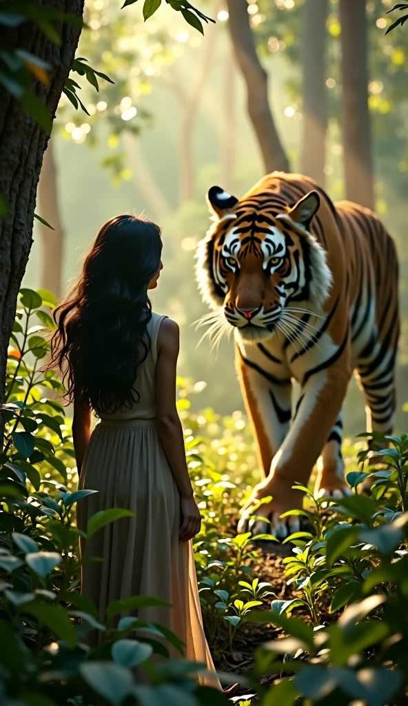 A giant wild saber-toothed tiger and a beautiful primitive girl. They are walking away from the camera. (Highlights: 1.5) (Photorealistic: 1.1) (Bokeh) (Best Quality) (Skin, Pores, Detailed Hair Texture: 1.1) (Complex) (8k) (HDR) (Wallpaper) (Cinematic Lighting) (Sharp Focus)