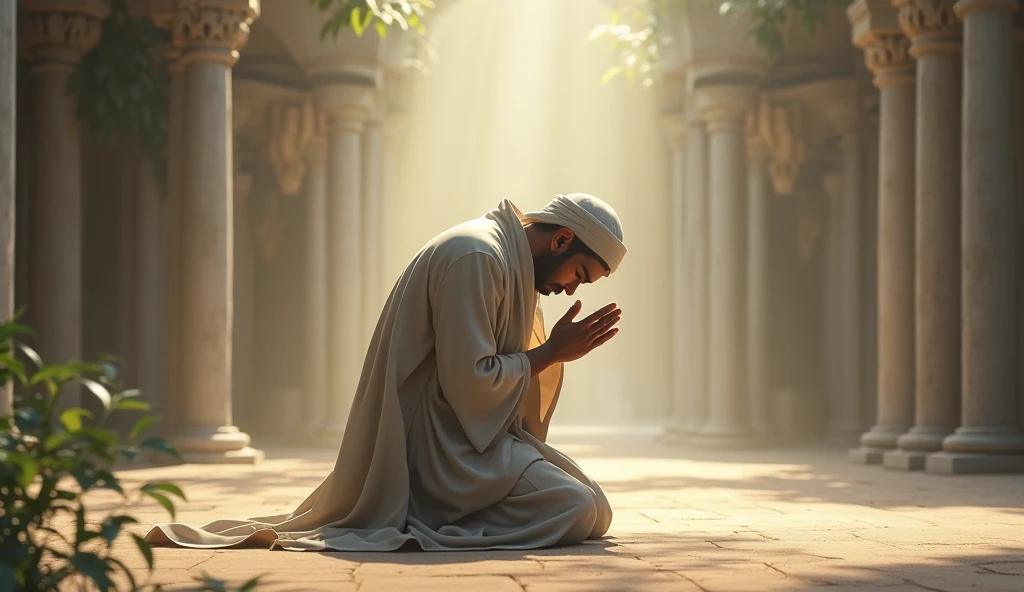 Muslim man prostrating in a beautiful garden, his head touching the ground