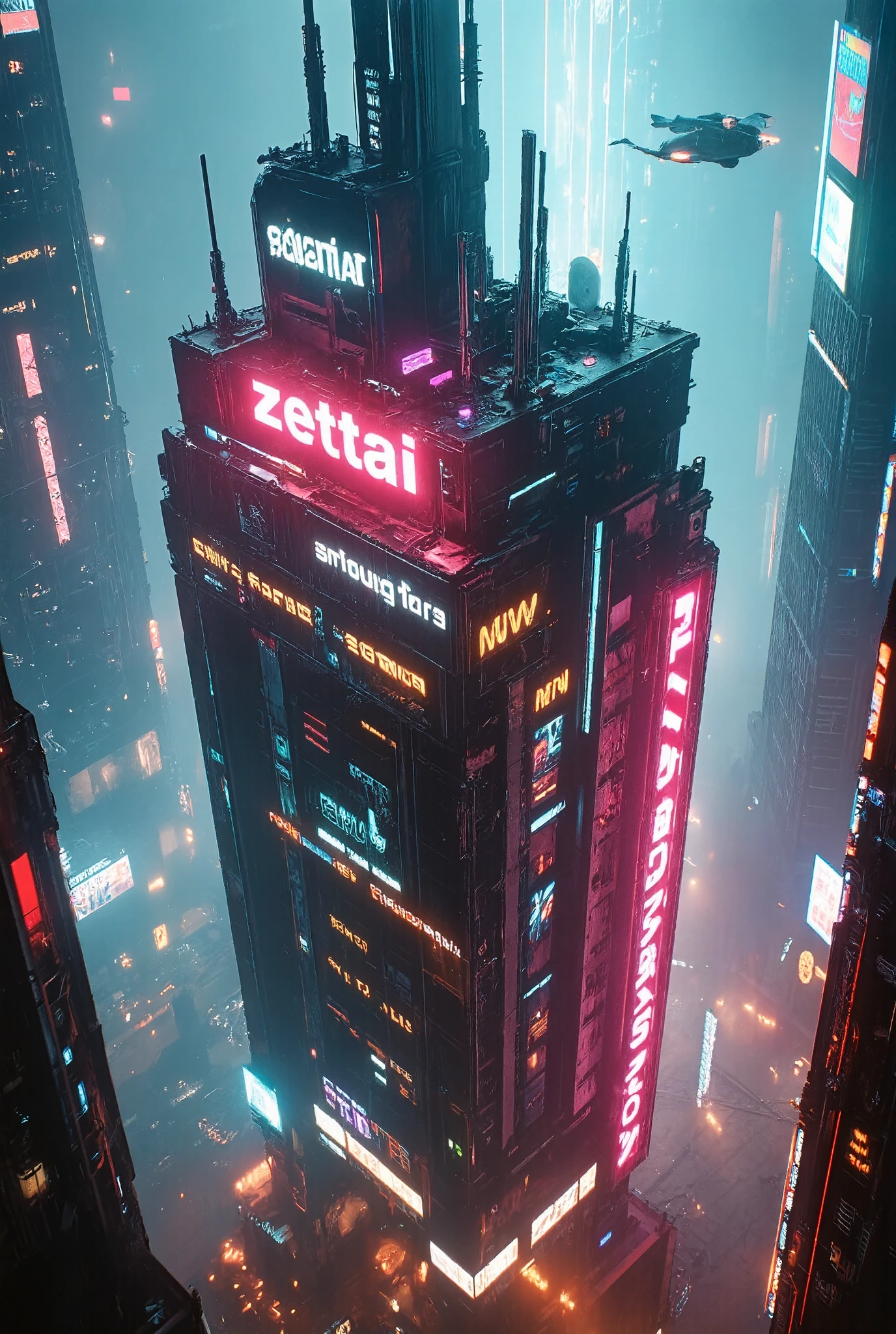 blade runner, cyberpunk, big city, view of the ground from the sky, towering cyberpunk building that towers within a futuristic urban landscape. The structure is a blend of industrial elements with a sleek, futuristic design that features a complex structure adorned with sharp angles, metal surfaces, glowing neon lights, and holographic displays. The exterior of the building is illuminated with vivid neon lights, and the word "zettai" is prominently displayed in bold and glowing letters. Neon signs glow with energy and emit colorful light throughout the surrounding area. The atmosphere is filled with the thick, misty fog of a typical cyberpunk environment, with towering skyscrapers and flying vehicles visible in the background. The entire scene is colored by the vibrant colors of neon lights, creating a sense of awe and futuristic majesty.