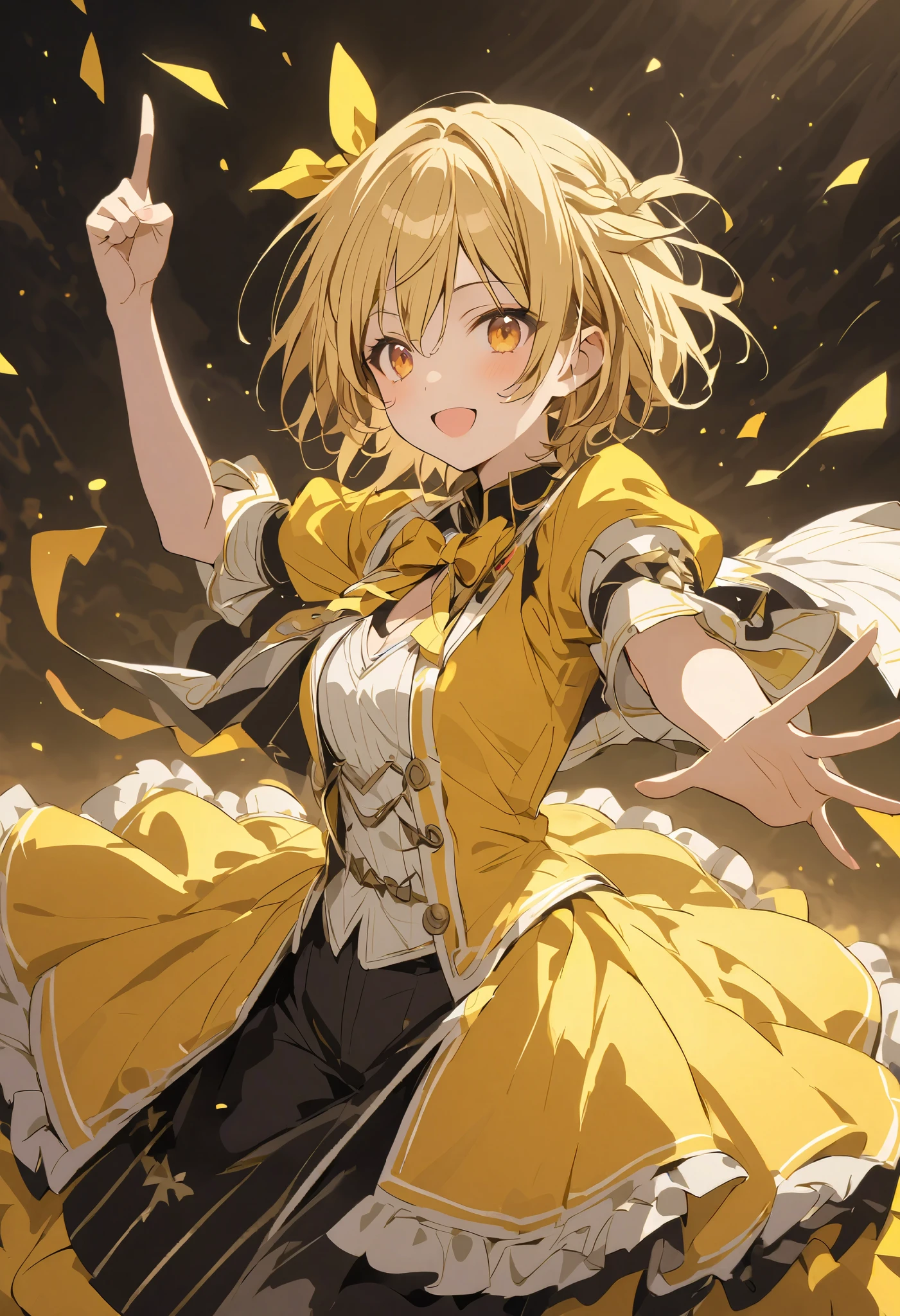  yellow costume、solo、 yellow bow tie、whole body、black short pants 、く short hair、 blonde、 yellow long jacket、 yellow ribbon 、  idol costume 、 yellow long jacket 、Beautiful Absolute Realm  、black short pants 、黄色の short hair 、Beautiful Absolute Realm  、Alone、Depiction of fine eyes 、  short hair