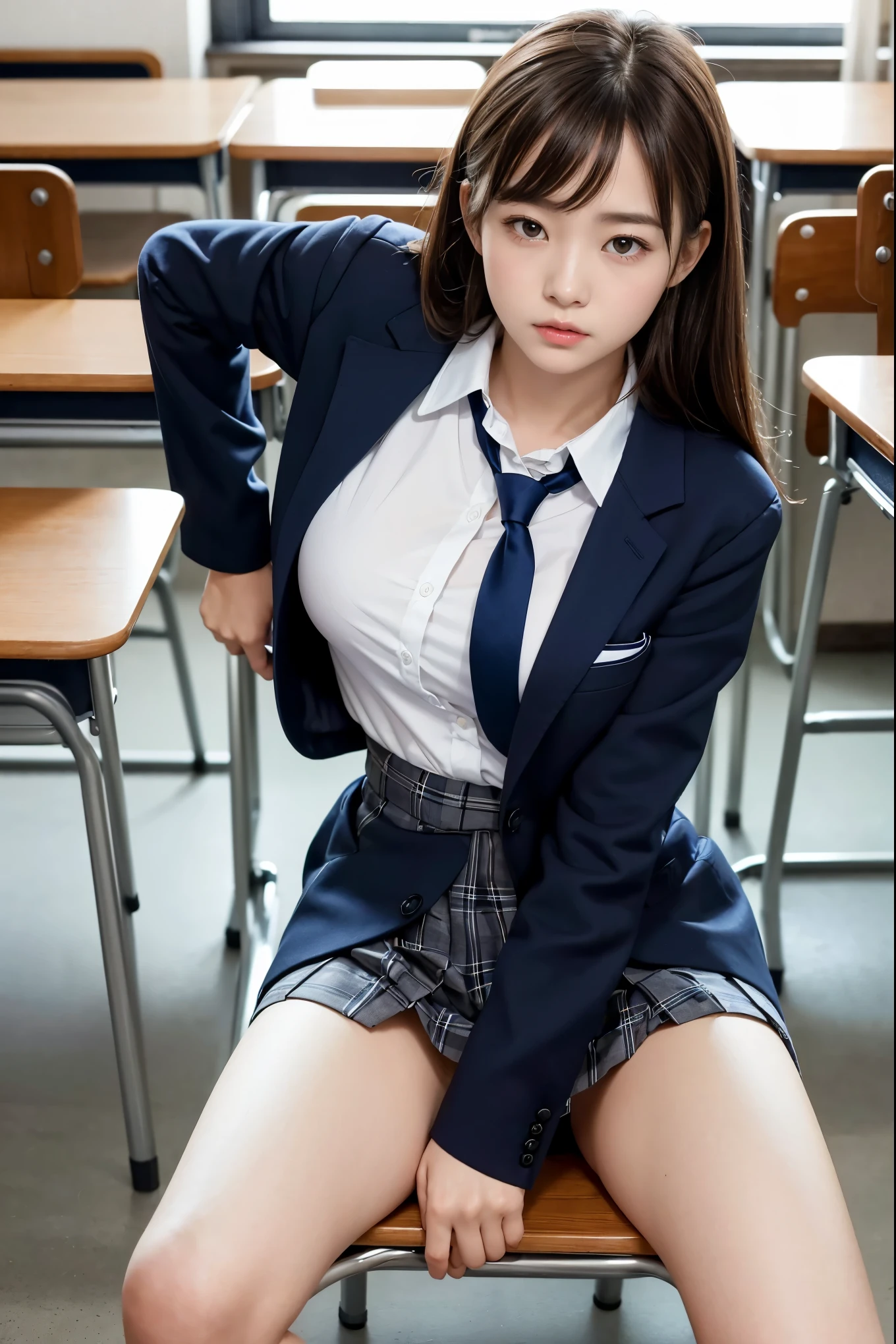 Top  Quality、Hight Resolution、extremely highly detailed、​masterpiece、Raw-Photo、realisitic、Photorealcitic、very delicate and beautiful.、delicate detail、textured skin、1girll、Solo、soio、18-year-old Japanese girl、Wearing a high school uniform、class room、(Body facing the camera:1.3)、(Sit on a school chair with your legs spread to the sides:1.2)、(Show me your white panties:1.2)、Dark blue jacket and plaid skirt、white shirts、Tie、Black Loafer&#39;s face is really pretty.:1.5)、Tall、Brown hair、(bare legs:1.1)、perfectly proportions、(Do not expose the upper body)、(In SFW)