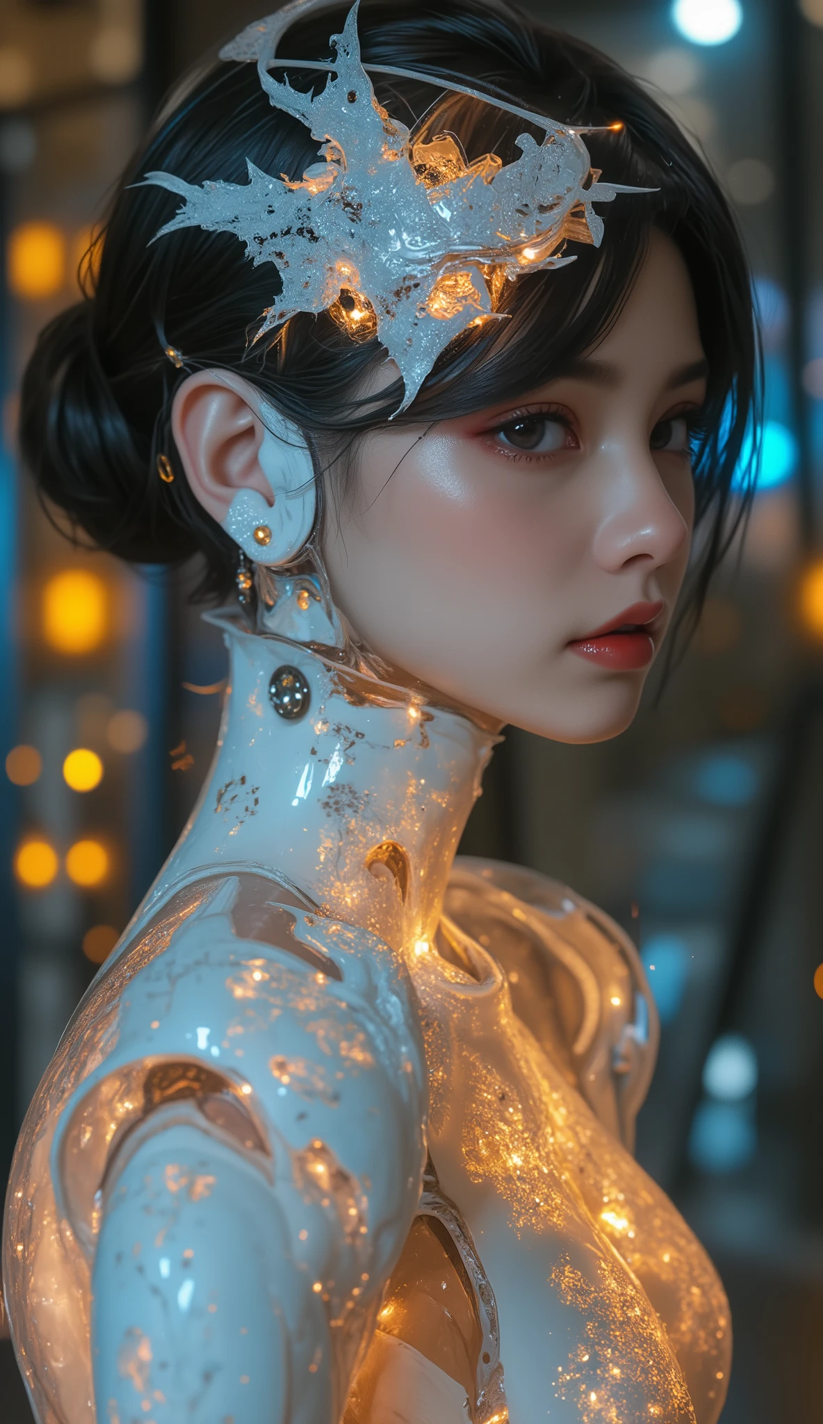 Portrait of a Japanese female android in her mid-20s made of white and silver clear glass and plastic, Geisha Makeup, Black hairstyle , Silver and gold metal internals, Dynamic Poses, flowing organic construction , Detailed engraving, Lace knitting designs, [Flickering golden circuit, colorful neon trim, Detailed engraving, Lace knitting designs, Illuminated Circuit , neon trim, art:H.r. Giger, Greg Lutowski