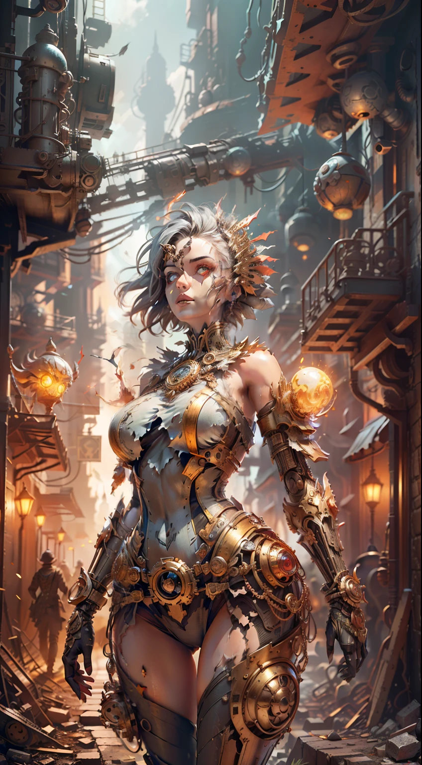 ((gray sky)), (best quality), (ultra-detailed color), battlefield, city ruins, ruins of buildings, damaged machinery, perfect composition, best elaboration, (golden ratio: 1.2), HDR, drama, cinema lighting, huge details, masterpiece, (realism: 1.4), absurdity, cinema lighting, (((1 woman))), ((((whole body))), (anatomically correct), short hair, ((torn clothes)), ((red glowing eyes)))) , broken headdresses, extremely detailed faces, fantasy sci-fi creatures, surrealism, steampunk, intricate design, extremely detailed, exquisite details, (((looking up at the lens)))), (((panorama))