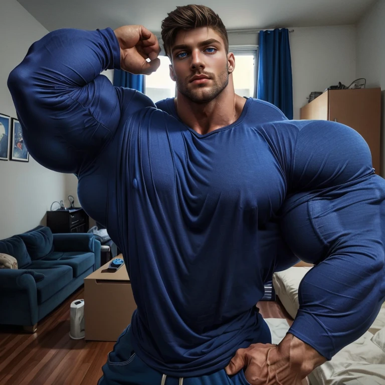 a very handsome young man, simple blue sweatshirt with long sleeves, extremely handsome, very muscular, with very large muscles, defined and muscular body, in a very cramped closet