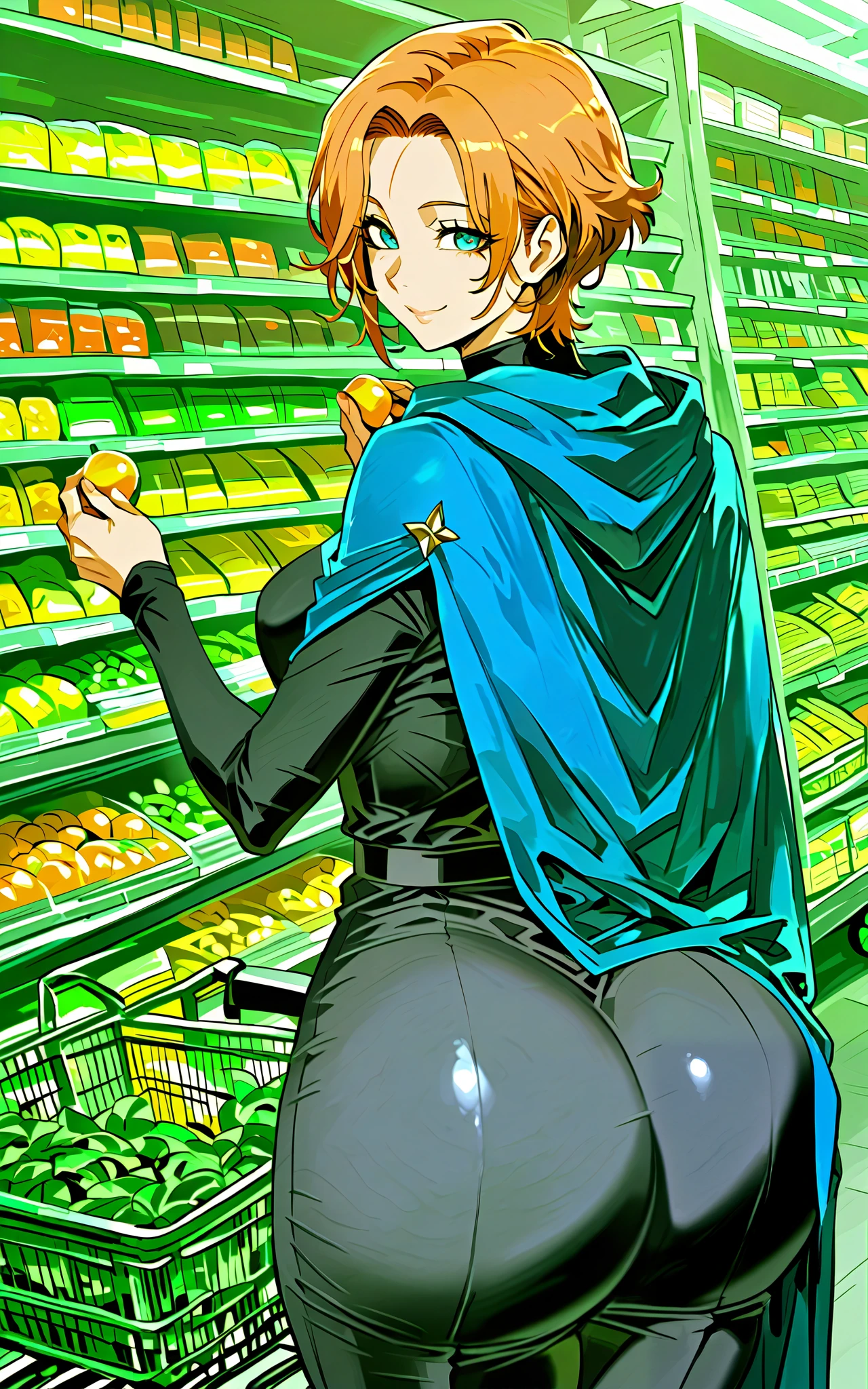 score_9, score_8_up, score_7_up, source_anime, sypha, short hair, blue eyes, orange hair,, cape, blue cape,, grocery store, shopping cart, picking fruits, everyday life, , smile, looking at viewer, arm flexed showing sexy butt, solo,, cowboy shot, dutch angle, gigantic ass,