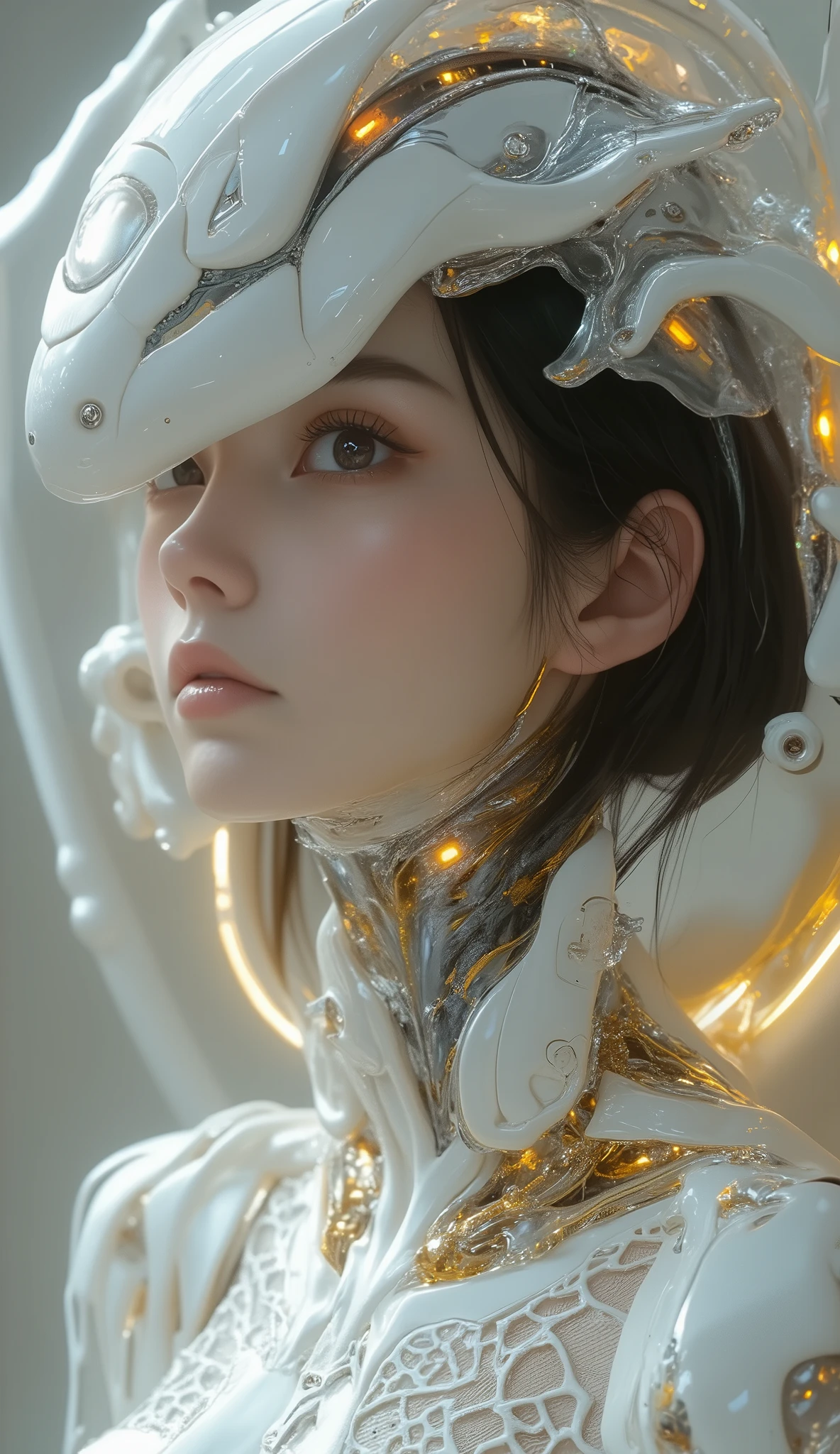 Portrait of a Japanese female android in her mid-20s made of white and silver clear glass and plastic, ((Geisha Makeup)), Black hairstyle , Silver and gold metal internals, Dynamic Poses, flowing organic construction , Detailed engraving, Lace knitting designs, [Flickering golden circuit, colorful neon trim, Detailed engraving, Lace knitting designs, Illuminated Circuit , neon trim, art:H.r. Giger, Greg Lutowski