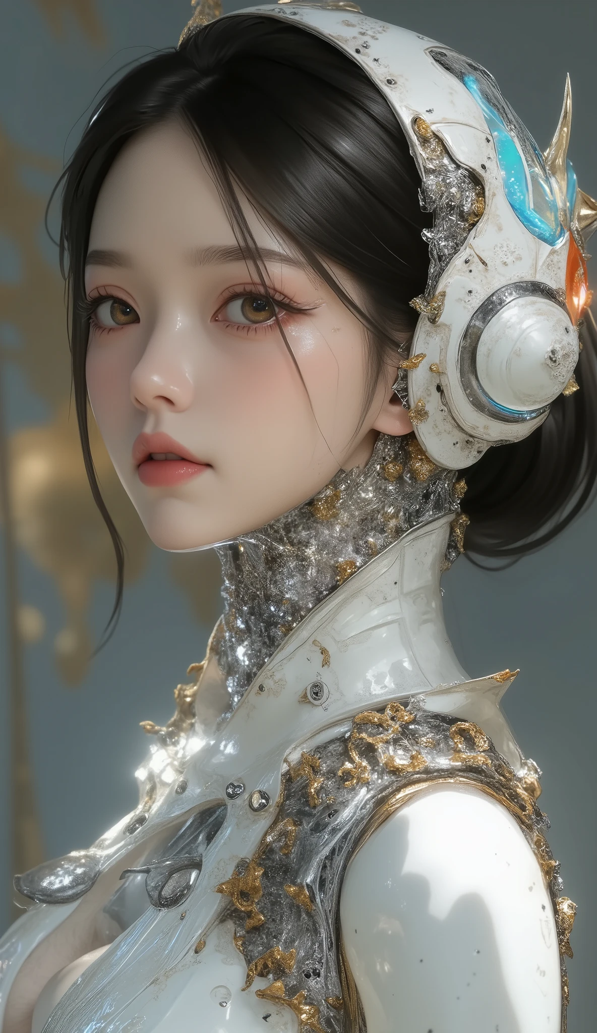 Portrait of a Japanese female android in her mid-20s made of white and silver clear glass and plastic, ((Geisha Makeup)), Black hairstyle , Silver and gold metal internals, Dynamic Poses, flowing organic construction , Detailed engraving, Lace knitting designs, [Flickering golden circuit, colorful neon trim, Detailed engraving, Lace knitting designs, Illuminated Circuit , neon trim, art:H.r. Giger, Greg Lutowski