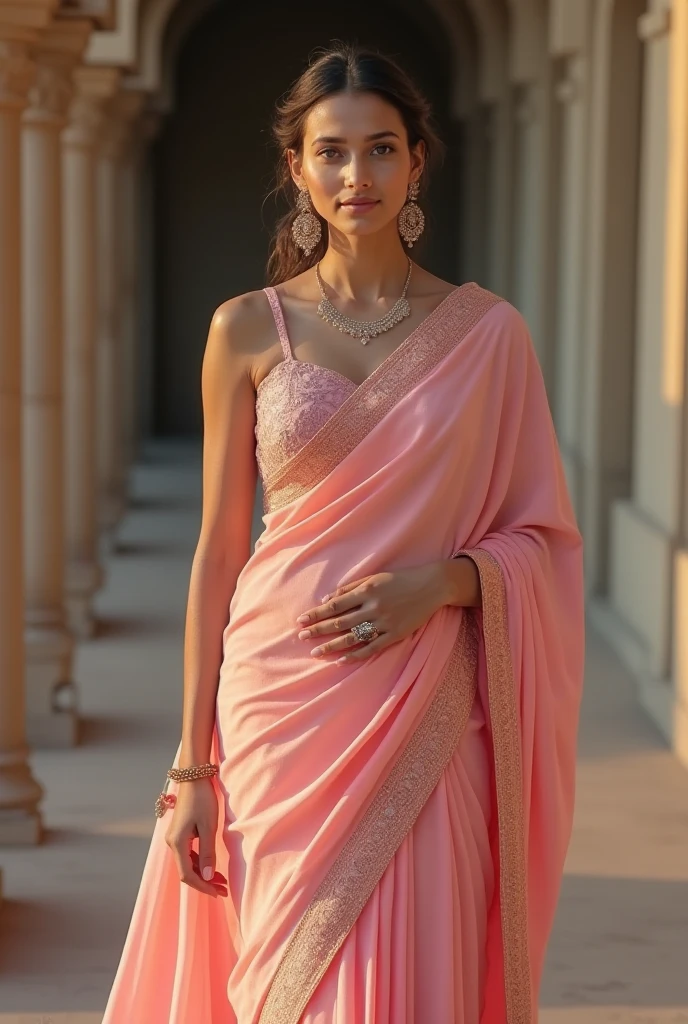 A beautiful woman standing, wearing pink sari, pale skin, smooth pale skin, skin tune pink, perfect body, detailed body,((round big breast, small titts, big hips)), full body, white hair, ponytail hair, cute face, detailed face, high quality, HD, very detailed