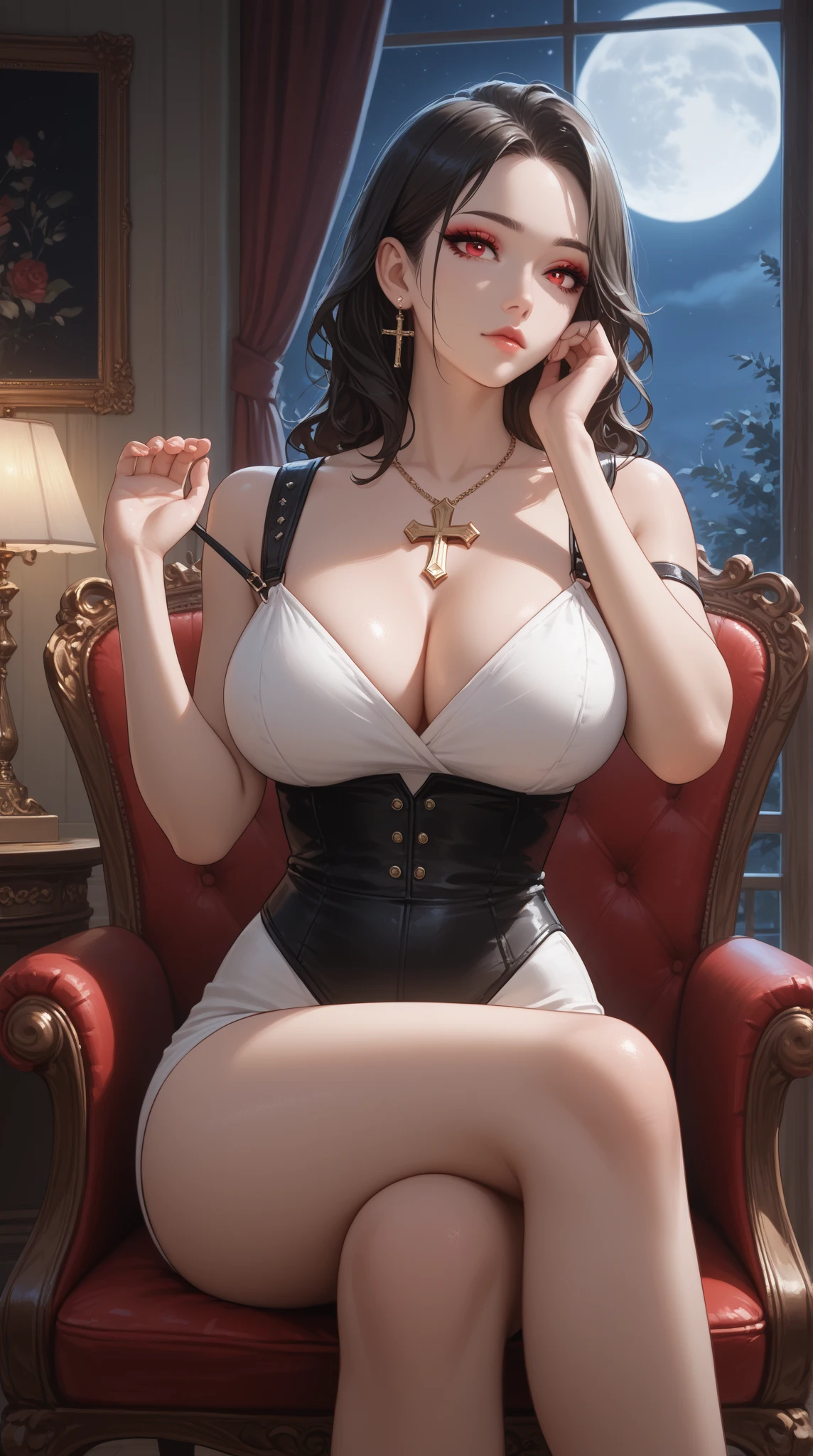 25 year old girl, Italian features, long loose black hair, super mega gigantic breasts, white shirt untied and torn open, black lace bra, black miniskirt, in a dungeon, tied to a horror movie torture chair, her arms are tied on the armrests of the chair, she wears a slave collar