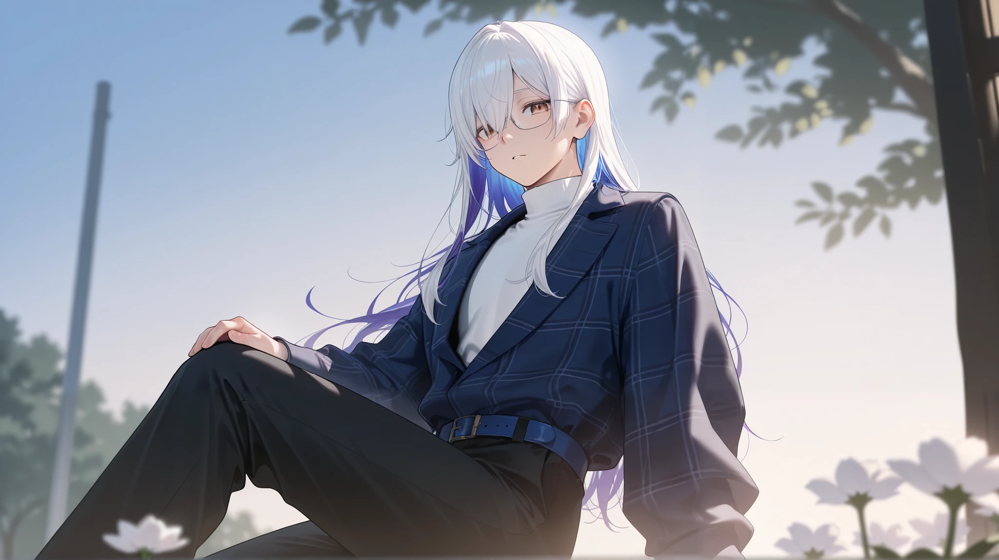 masterpiece, best quality, detailed face, detailed eyes, 1 man, solo, masculine body, wide shoulders, handsome, beautiful, light makeup,
vibrant brown eyes, white hair, long hair, purple inner hair, long bangs, m-bangs, white turtleneck undershirt, black trousers, blue belt, dark_blue plaid jacket, glasses, calm expression,
campus ground, morning, soft lighting, trees, flowers, depth of field, bloom, looking at viewer,