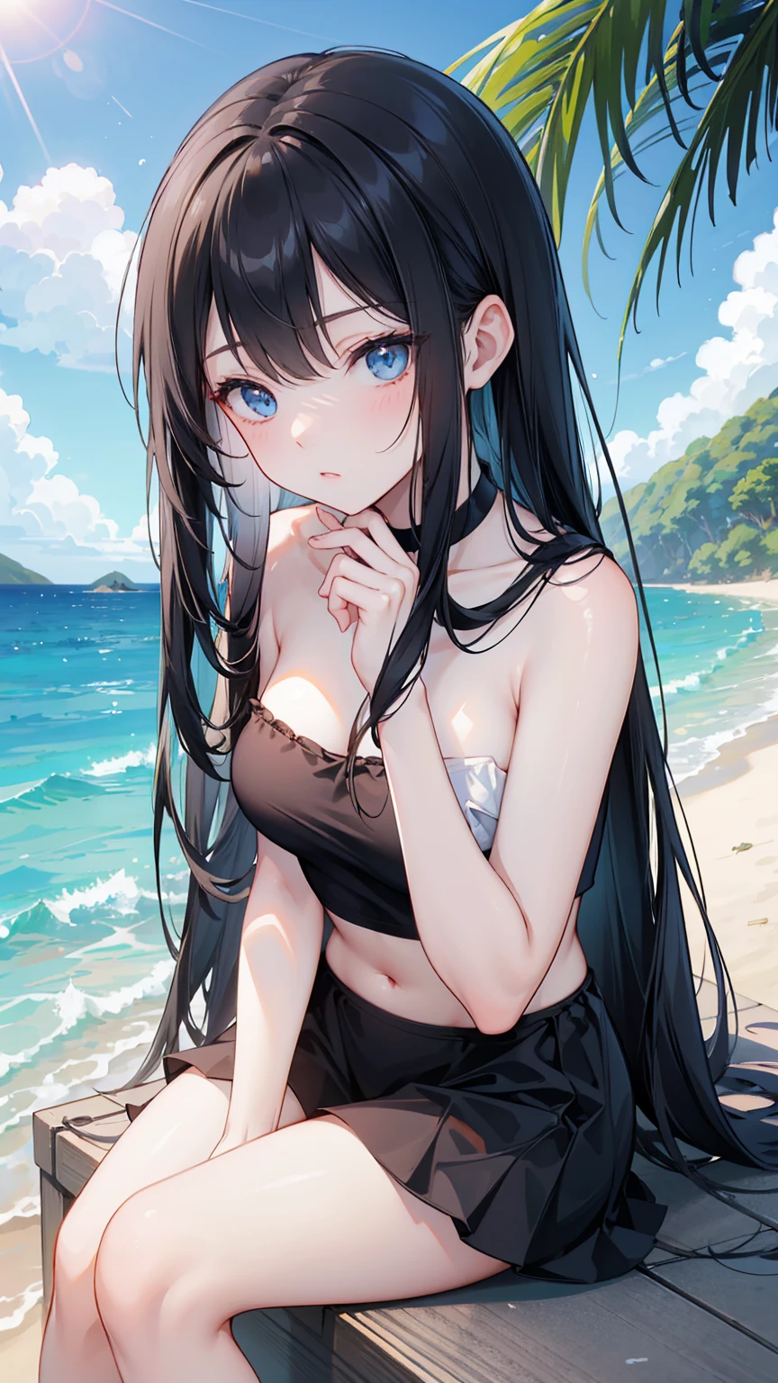 anime girl, long black hair, azure blue eyes, mature and tall, mature face, slightly fierce face, in a dark blue bikini swimsuit, laying down at the beach at night time, dark sky with stars , beautiful background, good anatomy, 8k, high resolution