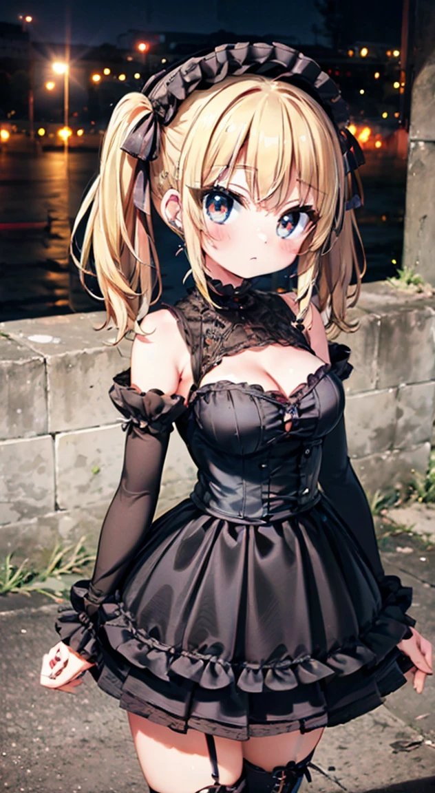 (masterpiece, 最high quality, 超High resolution, Very detailed), (Realistic:1.1, photoRealistic:1.4), Perfect illustration, Perfect lighting,Hair in perfect detail, Perfect and detailed face, Perfect collarbone, Perfect body,Small breasts, Perfect Thighs, Beautiful feet, View your viewers, 1 Girl,Perfect Face, (Perfect Anatomy, Anatomically correct), Symmetrical face、((Shiny Hair)),Sexy Body、(masterpiece),(最high quality:1.3),8k,Very clear,(Ultra-realistic),,Captivating woman,(high quality, High resolution, Fine details), Realisticなスタイルの女性,Small breasts、One perfect woman、Perfect Face、Symmetrical face、Baby Face、((Small breasts))、blush、((Juicy lips))、Cowboy Shot、((1Blonde ponytail))、((Big double blue eyes、Long eyelashes))、((Red makeup))、(((Black ruffled dress)))、(Outdoor、On the road)