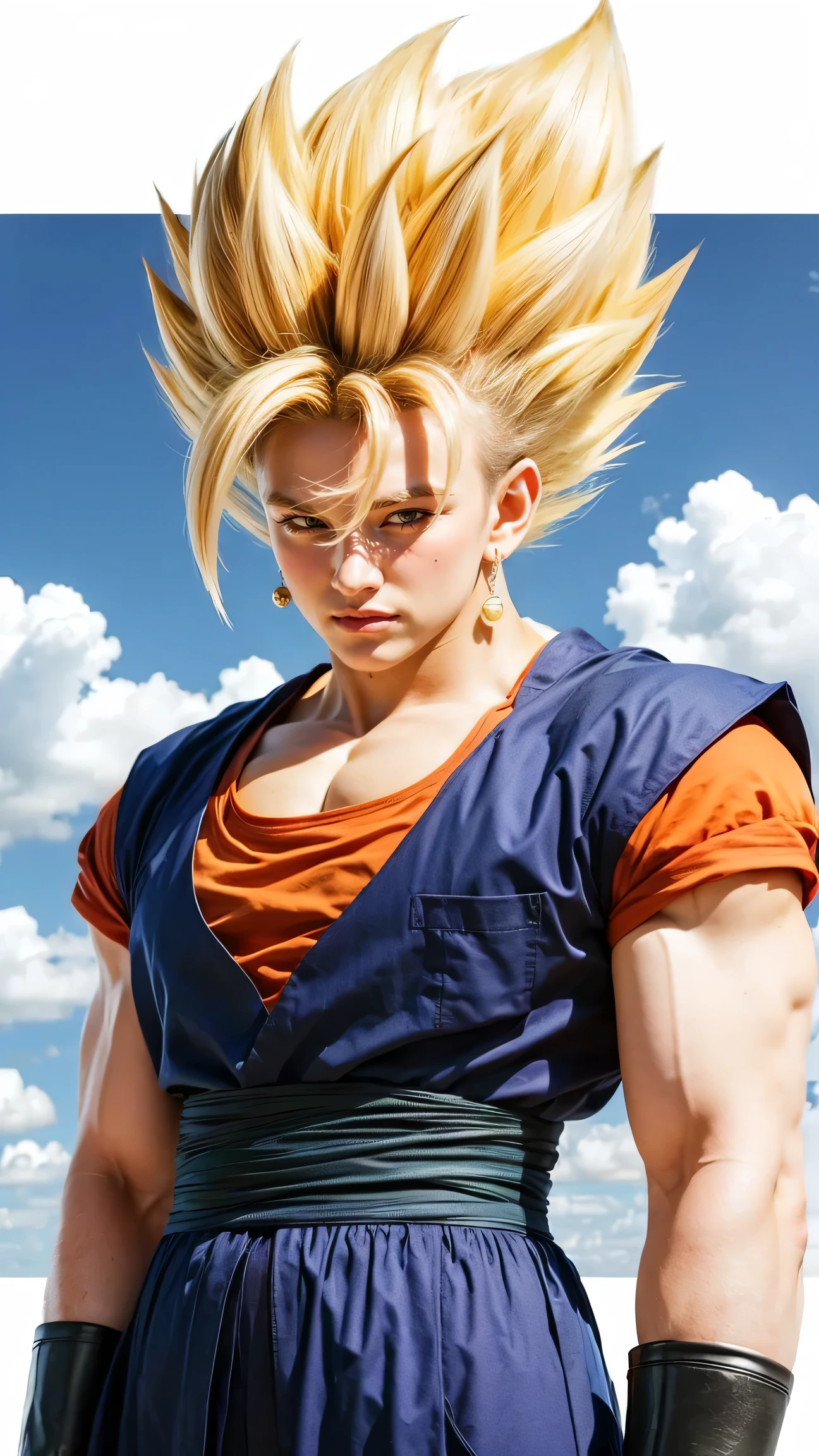A hyper-realistic and ultra-detailed depiction of Vegetto standing with an unstoppable, confident smirk, radiating immense power. His sharp, determined eyes glow with an electrifying intensity, reflecting the sheer dominance of the fused Saiyan warrior. His iconic blue and orange Potara fusion outfit is battle-worn yet intact, hugging his athletic, muscular physique, emphasizing his god-like strength. His spiky blond hair stands tall, with individual strands illuminated by the energy crackling around him.
The background is a shattered battlefield, remnants of colossal energy clashes scattered across the ground. The air is charged with golden sparks of aura, distorting the space around him as if the universe itself bends under his power. A dramatic, stormy sky looms above, with streaks of lightning flashing in the distance. He stands with his arms crossed, exuding absolute confidence, as if daring any opponent to challenge him, knowing that no force in the universe can match his overwhelming might