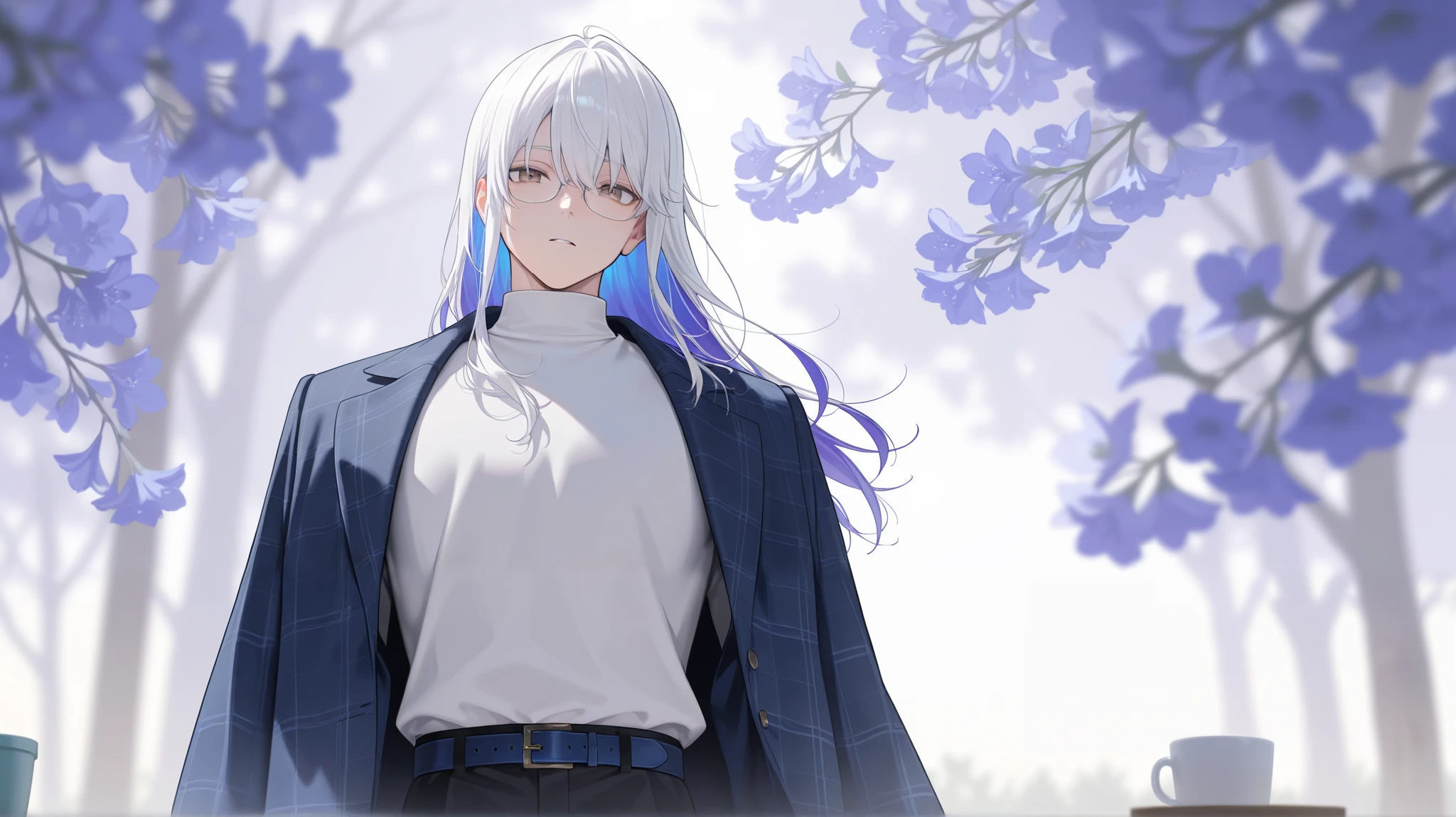 masterpiece, best quality, detailed face, detailed eyes, 1 man, solo, masculine body, wide shoulders, handsome, beautiful, light makeup,
vibrant brown eyes, white hair, long hair, purple inner hair, long bangs, m-bangs, white turtleneck undershirt, black trousers, blue belt, dark_blue plaid jacket, glasses, calm expression,
campus ground, morning, soft lighting, trees, flowers, depth of field, bloom, looking at viewer,