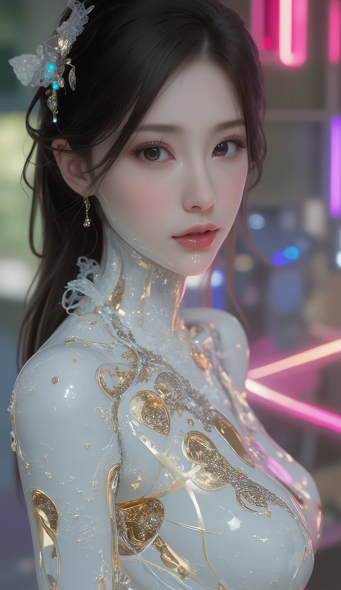 Portrait of a Japanese female android in her mid-20s made of white and silver clear glass and plastic, ((Geisha Makeup)), Black hairstyle , Silver and gold metal internals, Dynamic Poses, flowing organic construction , Detailed engraving, Lace knitting designs, [Flickering golden circuit, colorful neon trim, Detailed engraving, Lace knitting designs, Illuminated Circuit , neon trim, art:H.r. Giger, Greg Lutowski