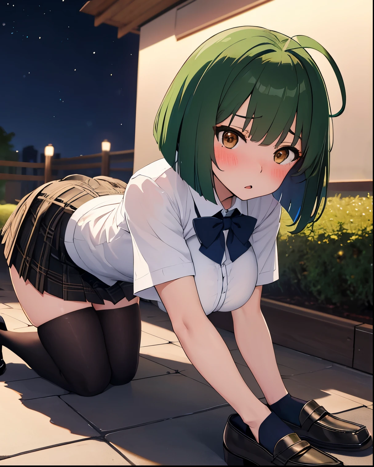 1 girl, cute, young, green hair, bob haircut, green eyes, idol costume, thigh high, sex,