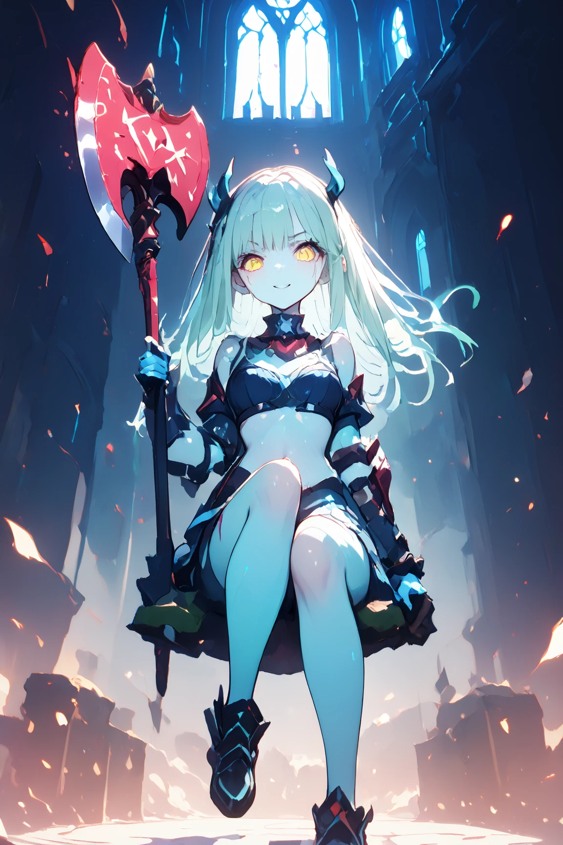 1girl,mature female,solo focus,glowing magenta eye,colored sclera,white hair, long hair,(((pale skin,extremy white skin,hair over one eye,halo pink))), sharp teeth, open mouth,(((medium breasts,glossy body))),((white bra,white bikini,white skirt)),(((villain,psycho,villain smile, psychopath))),(((flying in front a stones ruins in night,attacking holding a magic magenta Scythe))),masterpiece,hd,best quality,8k,detailed face,close-up on face,perfect face,(waist-up view,don't show feet)
