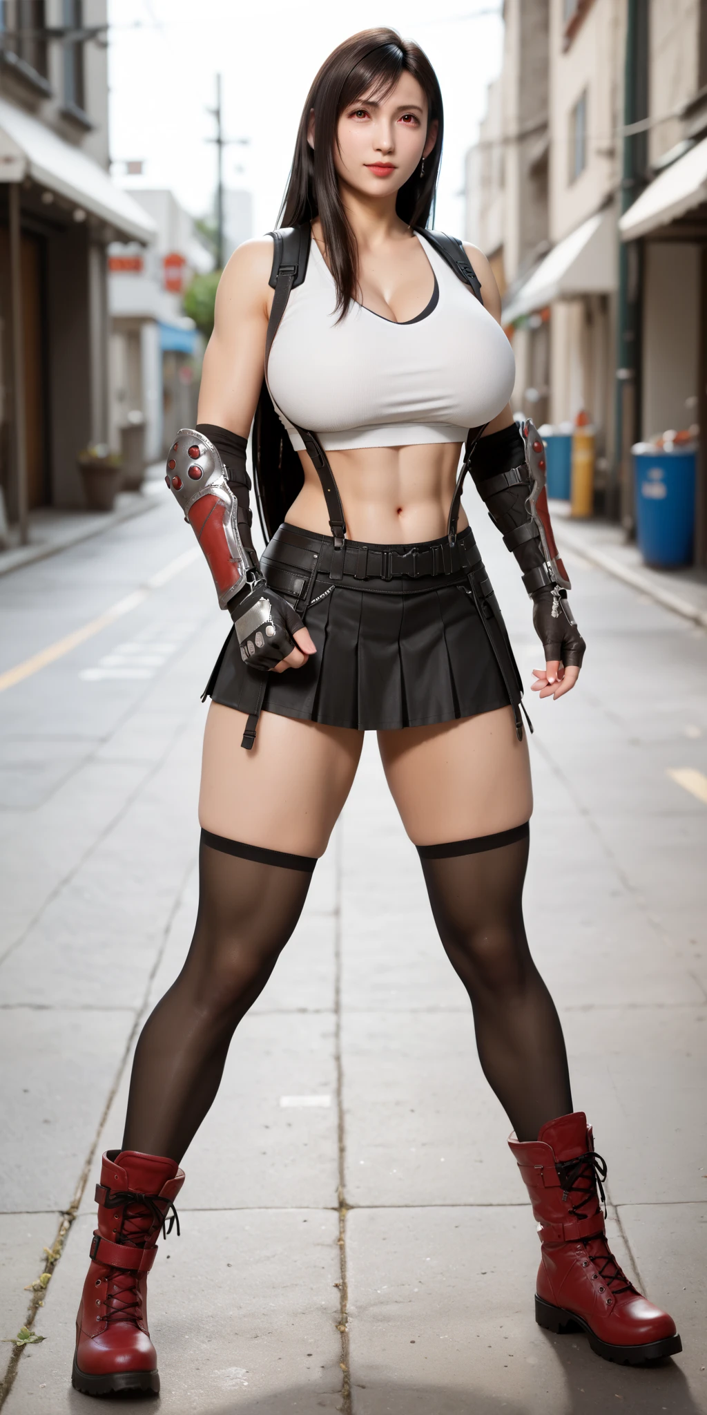 (8k, best quality, masterpiece:1.2) (realistic, photo-realistic:1.37) (full body) 1female solo girl, standing, legs apart (wide stance) standing contrapposto, ultra-detailed, cute (Tifa Lockhart) (large breasts:1.5) (beautiful detailed eyes) (smile:1.2) (closed mouth) sharp focus, depth of field, good composition, Final Fantasy VII, very long straight hair, hair bang ((red_eyes)), intricate, bokeh (Tetsuya Nomura style) perfect breasts, white tank top, black thong, suspenders, gloves, stockings, toned body, athletic, wide hips, thin waist, toned arms, exposed abdomen, view from behind