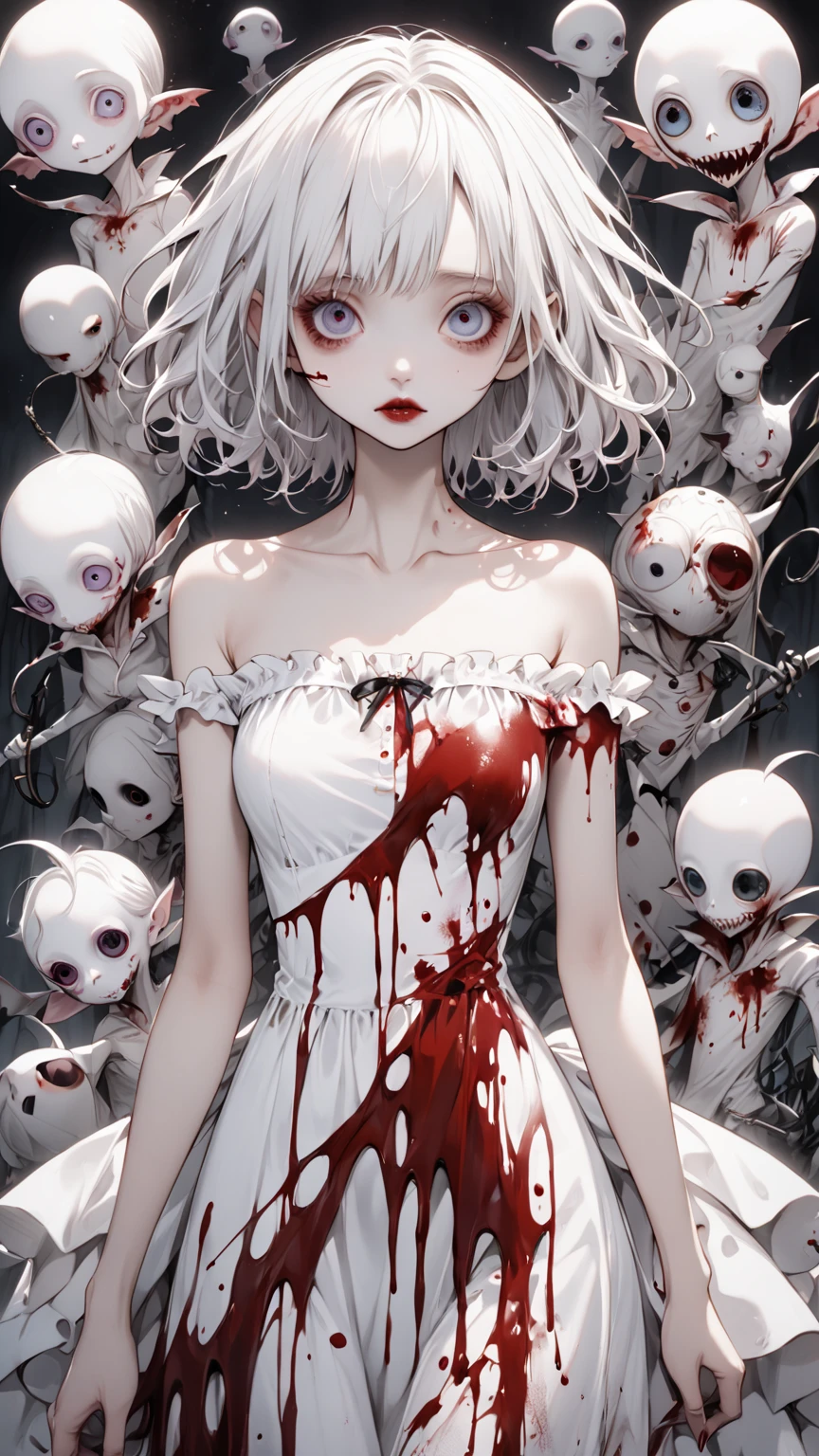 (masterpiece, best quality:1.2), cover image, splashed color background, highly detailed, colorful black, 1 girl, long silver hair, red eyes, blood on eye, head in the hand, short hair, blunt bangs, mannequin, cool face, ((( pink sexy ghost))), illustration, horror art, dread, creepy, blood, blood eyes, gore, pornography