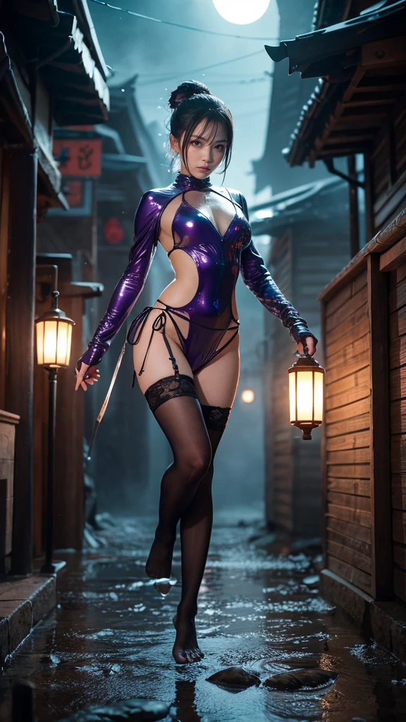 A Japanese woman walking in the city，Buildings，A plant，ssmile，Mixed Korean，The background is blurred out，focal，电影灯光，(((tmasterpiece))), ((best qualtiy)), ((Complex and detailed)), ((ultra-realistic realism)), Ridiculous resolution, A MILF, Mature woman, ssee-through, highly  detailed, illustratio, 1girll, (huge tit), Thin waist and thick hips，long leges，beatiful detailed eyes, short detailed hair, brunette color hair, a purple eye, (Vampire suit:1.2), dracula，Count Vampire, Vampire dress-up，Medieval dress，Cloak，wind coat，Riding boots，Claws，Blood，Lace，gossamer，（underdressing）, pantiess, 耳Nipple Ring, （stocklings），high-heels, detailed back ground, perfect  eyes, Seductive eye, looking at viewert, From the front，Wear light，
