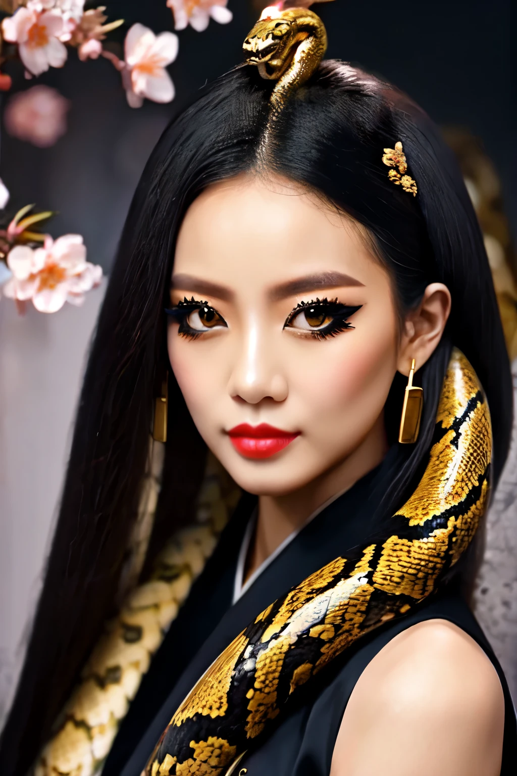 (((masterpiece+best quality+high resolution+ultra-detailed))), boa hancock, long silky black hair, high nose, sharp eyes, noble and inviolable temperament, (([female]: 1.2 + [beauty]: 1.2 + black long hair: 1.2)), snake_skull background, bright eyes, dynamic angle and posture.