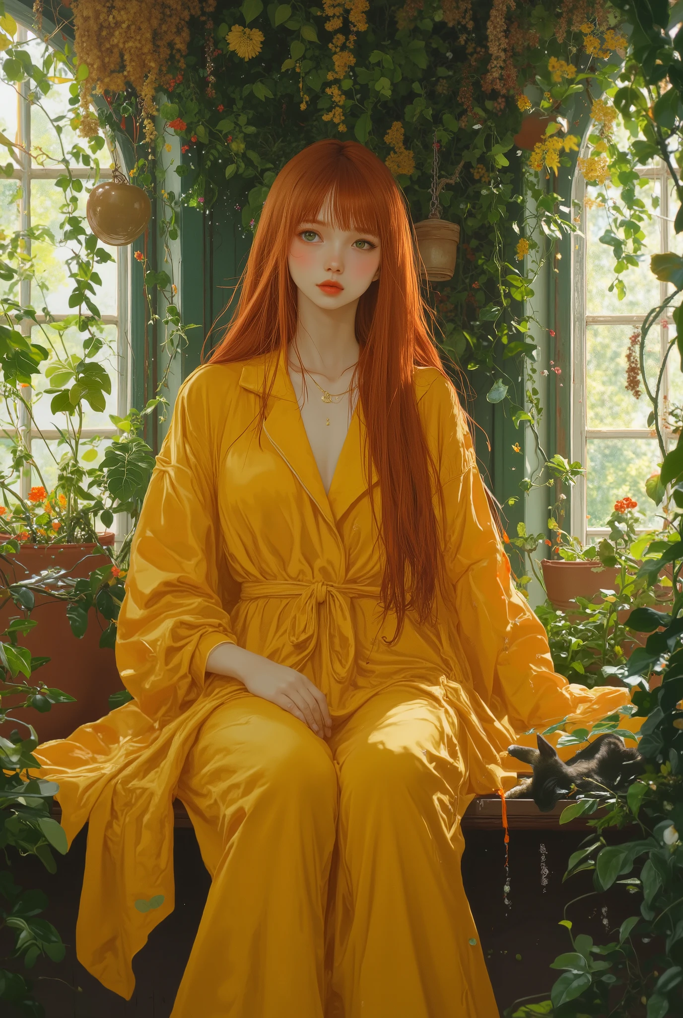 (photorealism:1.2), beautiful woman, sitting on bed inside witchs green house, wearing, full cover yellow pajama and long pants, long layer straight red ginger hair, indoors, soft lighting, plants in background and siling, glass wall with sunlight, cozy room, relaxed pose, realistic, intricate details, warm colors, by Greg Rutkowski, by Alphonse Mucha. big fat black cat sleping beside her