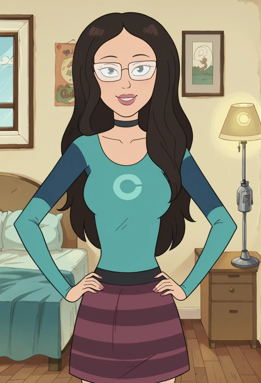 score_8, score_8_up, score_7_up, 1girl, female focus, Solo, Mgirlfriend_RaM, light skin, dark-brown hair, long hair, dark pink lips, glasses, black eyes, black choker, form-fitting teal thumb-hole shirt, light-teal circle on the chest, striped purple and dark pink skirt, tan coloured flats, smile, standing, indoors, bed, bedroom, nightstand, lamp, window, looking at the viewer, happy, hands on hips,