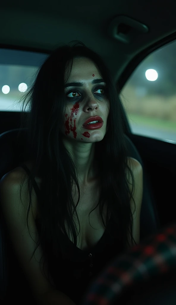 An American vampire with light skin and dark, shoulder-length hair, her lips smeared with blood that drips onto her casual t-shirt. She stands in the middle of a quiet suburban street in Los Angeles, the palm trees lining the road casting eerie shadows under the dim streetlights. The night is silent, with the distant glow of the city on the horizon. She has just fed, her eyes cold and calculating as she looks down the empty street, ready to continue her hunt.