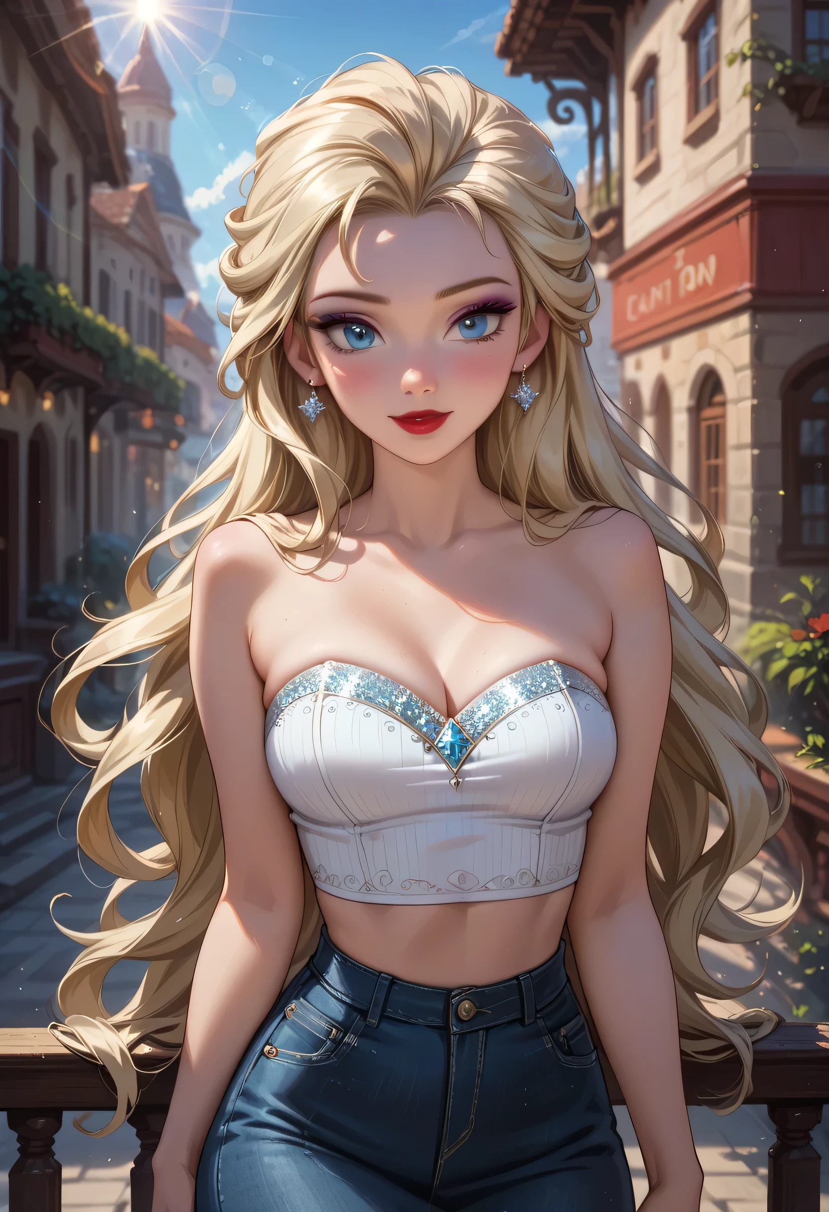 score_9, score_8_up, score_7_up, 1girl, solo, beautiful waifu, sexy (Elsa, blonde, long flowing hair, red lipstick:1.3), wearing (tight white top, sleeveless, strapless, tuckked in:1.2), (short jean skirt:1.1), bare shoulders, bare arms, naturally curved, sexy thighs, flirt, seductive, (leaning on railing of hotel balcony, quaint Italian town:1.2), looking away, sexy poses, model shoot, detailed eyes, detailed face, perfect hands, lowlight, face focus, (cowboy shot:1.2), lens flare.