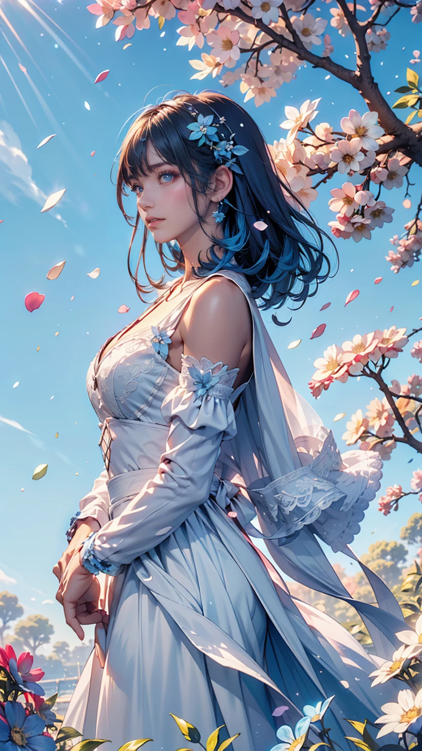 A woman's in a purple dress,Blue sky and clouds in background, wearing blue dress,There are flowers on it, Art germ, Rosla global lighting, a detailed painting, Fantasy art