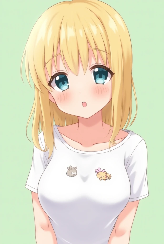 Puppy girl, wet transparent shirt, yellow hair, green eyes, wet wavy hair, medium sized breasts, double hair tie, lowering her shirt with her hand, covering her chest