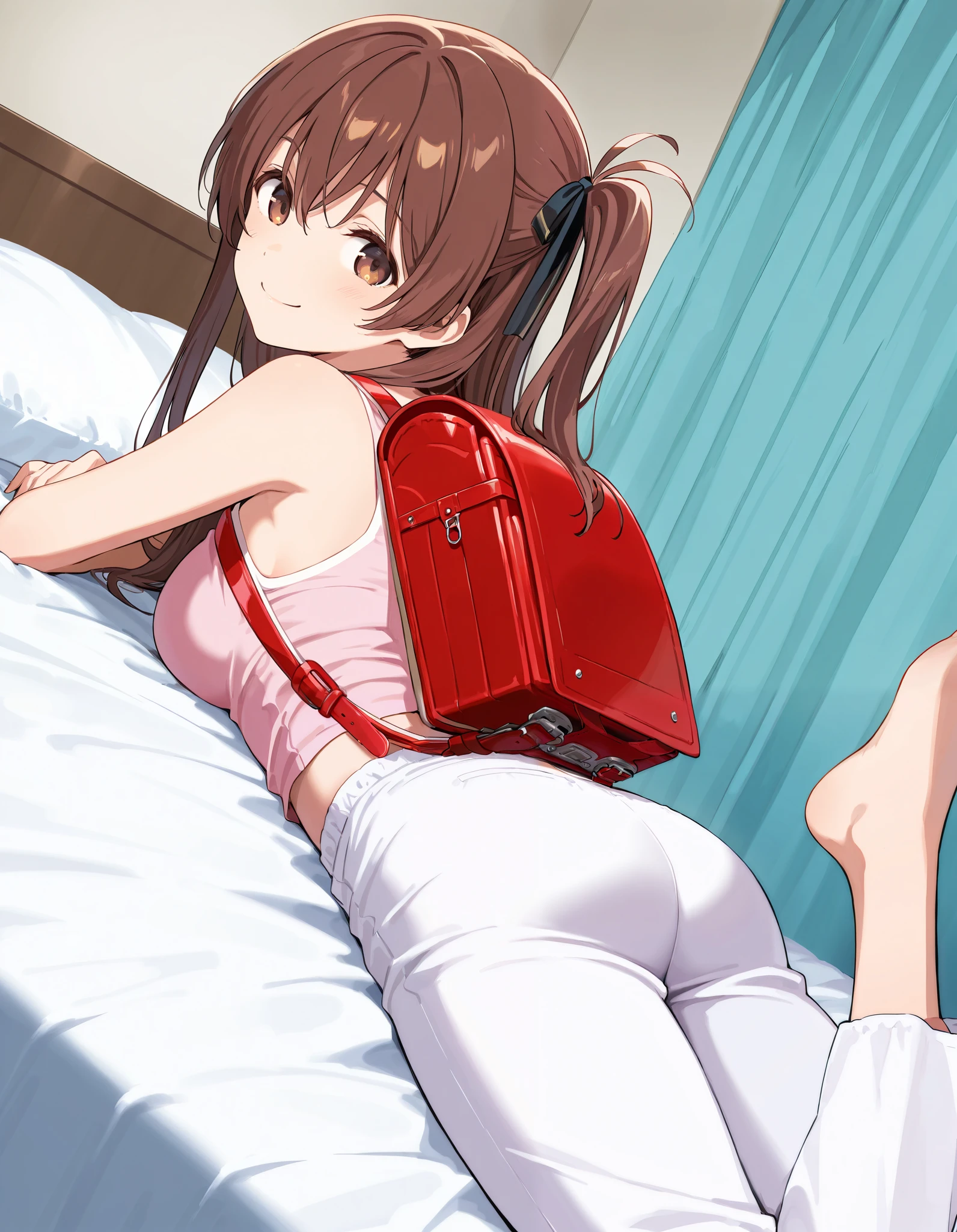 2 girl, long brown hair, Huge round belly, huge butt, large hips, upset stomach, bent over pushing butt out, enormous about to burst diaper full of poop, laying on my bed
