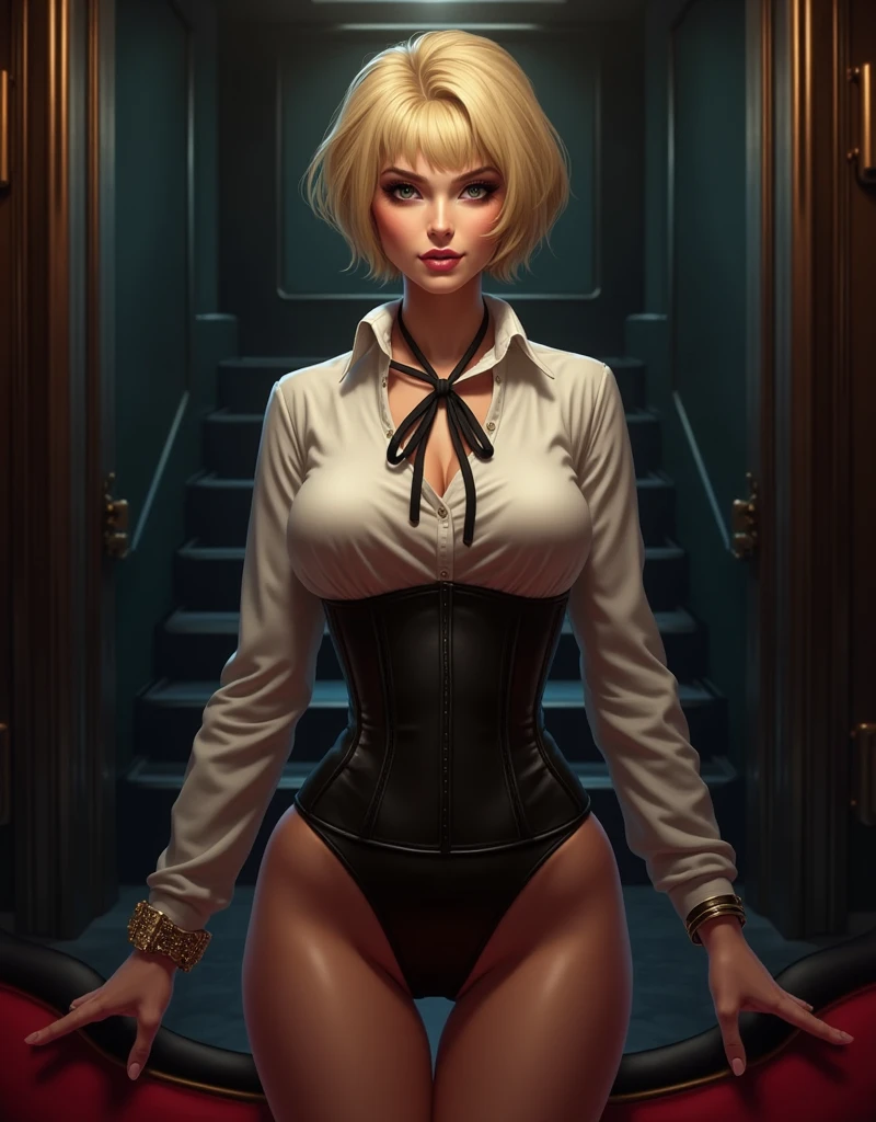 1girl, black see-through bodysuit, (sitting), (large breasts:1.3), black underwear:1.3, short hair, blonde hair, blue eyes,, high leg panties, upper body, (dynamic poses:1.2), indoors, window, book shelf, chandelier, decorations ,