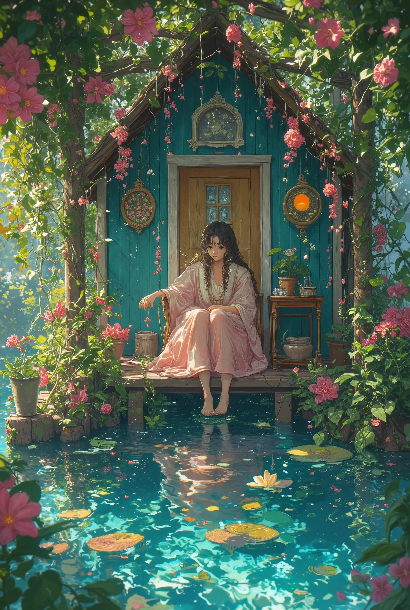 (photorealism:1.2), Envision a mystical waterside cottage perched delicately on stilts above crystal-clear, shimmering turquoise water with floating lotus flowers on water surface. The house is a quaint yet enchanting retreat, with walls of weathered teal wood that radiate charm. Vines laden with magical blossoms cascade from the rooftop pergola, their flowers glowing faintly as though they drink in the sunlight. Suspended from the beams are dreamcatchers and enchanted lanterns that pulse with soft, otherworldly light, illuminating the cozy wooden deck that extends over the water. The transparent water below reflects a kaleidoscope of magical ripples, seemingly alive, swirling with iridescent colors that change with the breeze. Beneath the surface, faint shapes of mystical sea creatures can occasionally be seen darting playfully. Seated at a handcrafted chair on the deck is a strikingly handsome young sorcerer. He wears an elegant wizard's robe in rich pink tones, embroidered with fine silver thread that forms intricate constellations. A tall, pointy hat of the same color rests perfectly on his head, tilted slightly for a touch of flair. Underneath, a cream-yellow turtleneck adds warmth and contrast, its soft folds catching the sunlight. His sharp, intelligent eyes scan the sparkling water while his hand absently twirls a wand carved from a twisted branch, its tip glowing faintly with an energy that matches the hues of the sea. A table beside him holds an array of magical artifacts: an open medium crystall ball with glemering golden dusts that breeze alive to air, and a small pot o,Behind him, the open door of the cottage reveals a glimpse of the cozy interior, filled with shelves of ancient tomes, potions, and more magical plants that exude a faint, calming luminescence. The air is alive with enchantment, as gentle breezes carry the faint sound of a magical melody blending with the lapping of water against the stilts. The atmosphere is one of serene power—a hi