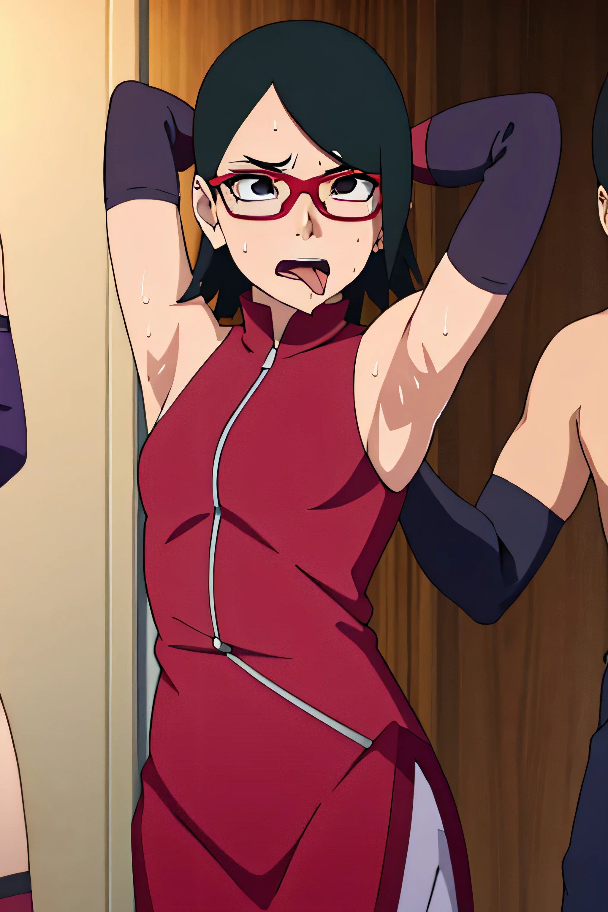 Sarada Uchiha,human woman with fair skin. She is a r with black eyes and red clothing. Her hair is black in color; She is beautiful.Wearing red rimmed glasses.Tsundere face. Pink eye shading,mature appearance,armpits,sweat,sweaty,sweaty armpits,arms up,showing armpits,awesome armpits,outfit,blackish red arm warmers,maroon arm bands,maroon arm warmers,showing tongue,tongue out