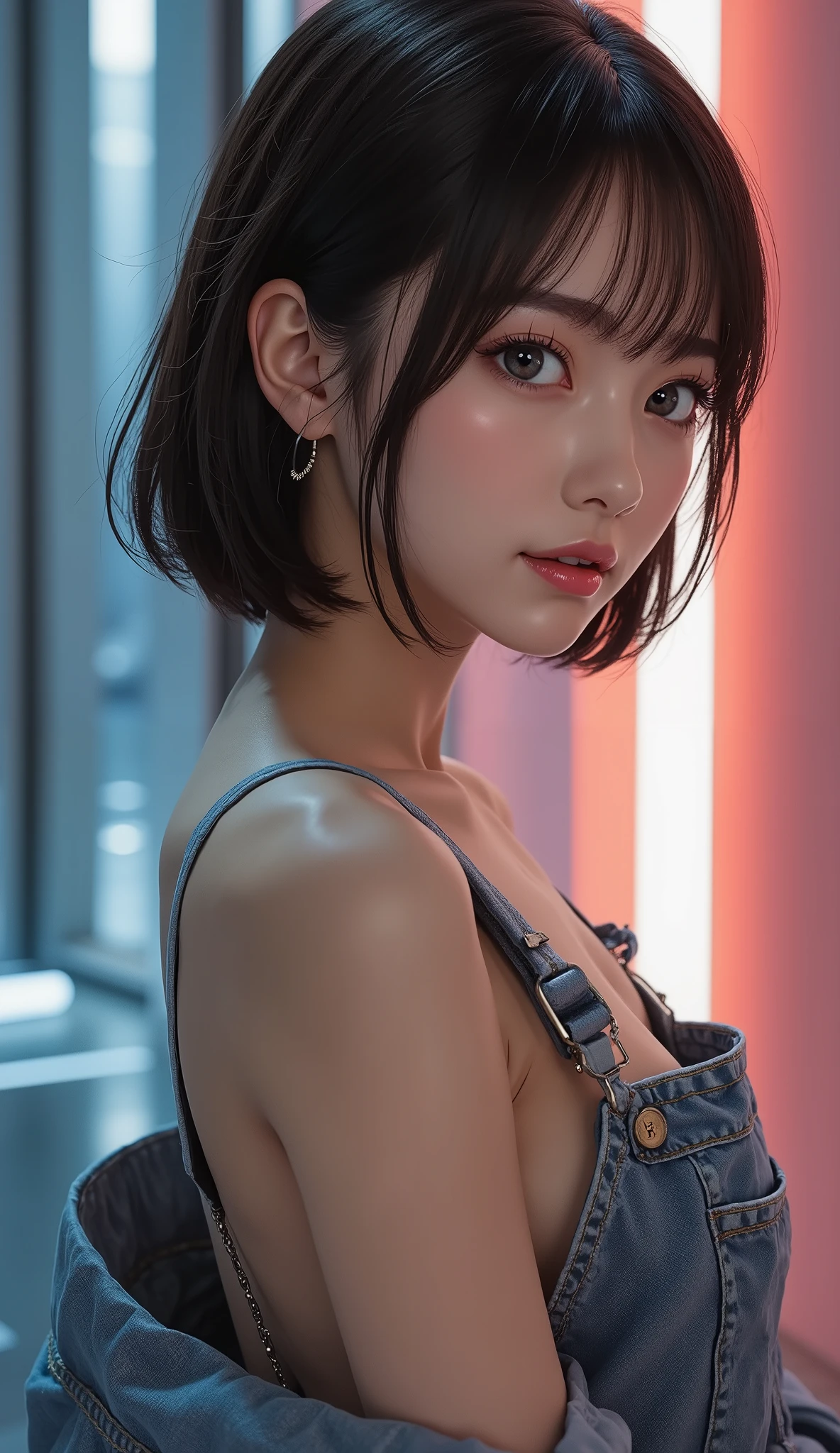 8k, ultra high resolution , top quality, Masterpiece,rule of thirds,golden ratio, surreal, photos, one woman,( girl:1.3), cute, cute顔, Beautiful Eyes in Every Detail , 細かく Details, mature woman, princess,Close UP,smile, black hair, shorthair,Bowl cut,ID photo,future, brutal cyberpunk woman, luxurious and beautiful ,(( overalls)), (( Oversized Hoodie)), very delicate expression , delicate eye description,, Healthy body shape, (( 1 female)), Height: 160cm, (( thin thighs)) ,( thin waist:1.4)、( Beautiful :1.4), pink lips, profile,((( ideal body shape))),Small bust, A cup :2,、 portrait:2、 perfect anatomy in pool water 、鮮明な Details、 Details, thin lips,Perfect and beautiful face ,完璧で cute顔, Meticulous Skin , Perfect Limbs 、 thin waist, surreal,Light and Dark, fashion magazine cover,glowing