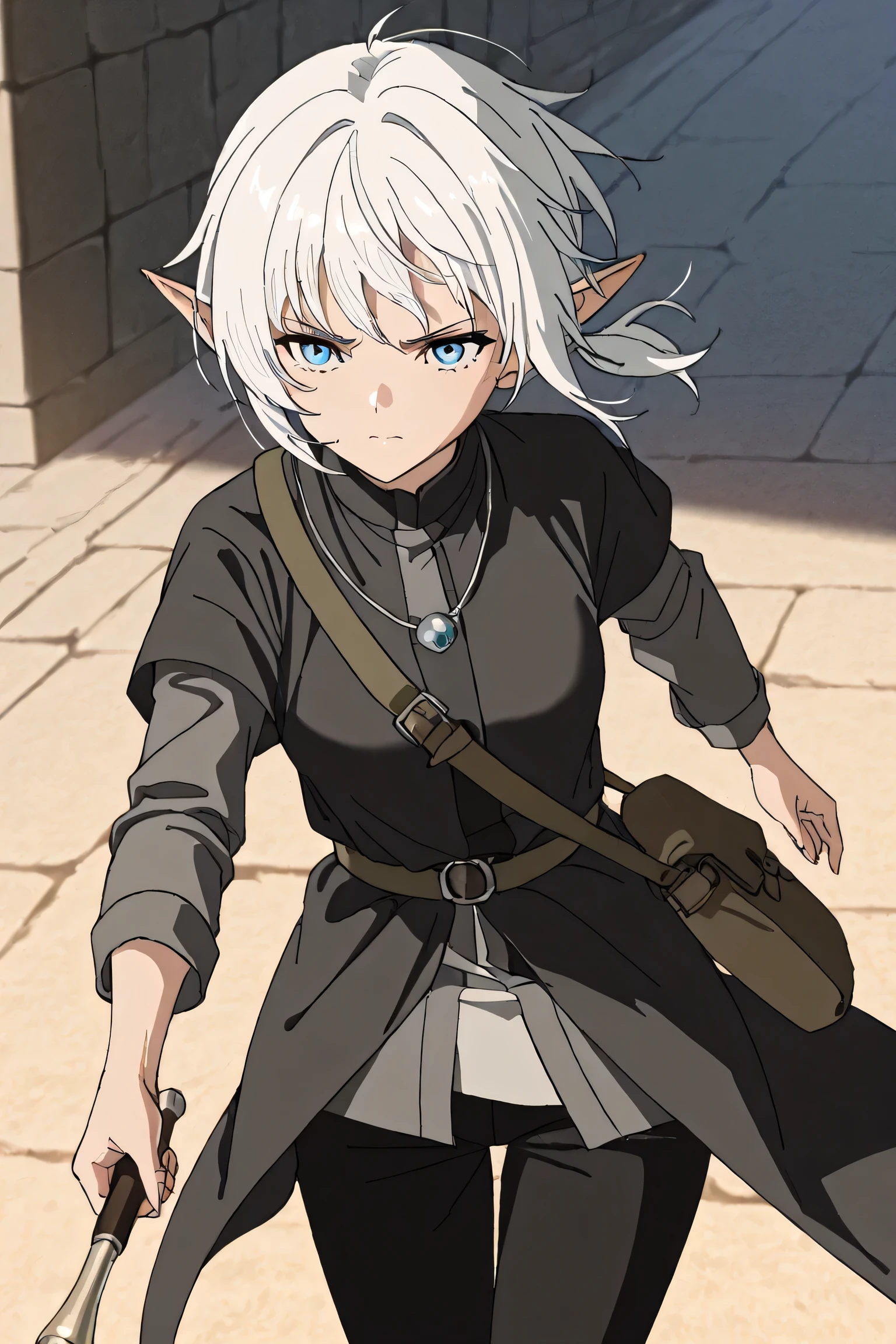 masterpiece , newest , safe, Beautiful woman , , white hair , blue eyes , полуelf, , средневековая black tunic , cunning look , waist bag , очень short hair , black pants , Beautiful woman , elf, , medieval grey shirt , shirt, cunning look , waist bag , short hair, black pants masterpiece , newest , safe, Beautiful woman , cunning look , waist bag , black fabric pants , 1girl, one girl, serious face , black tunic , in motion, passes by, black trench coat, Hair gathered in a small ponytail, magic wand with a stone on the belt