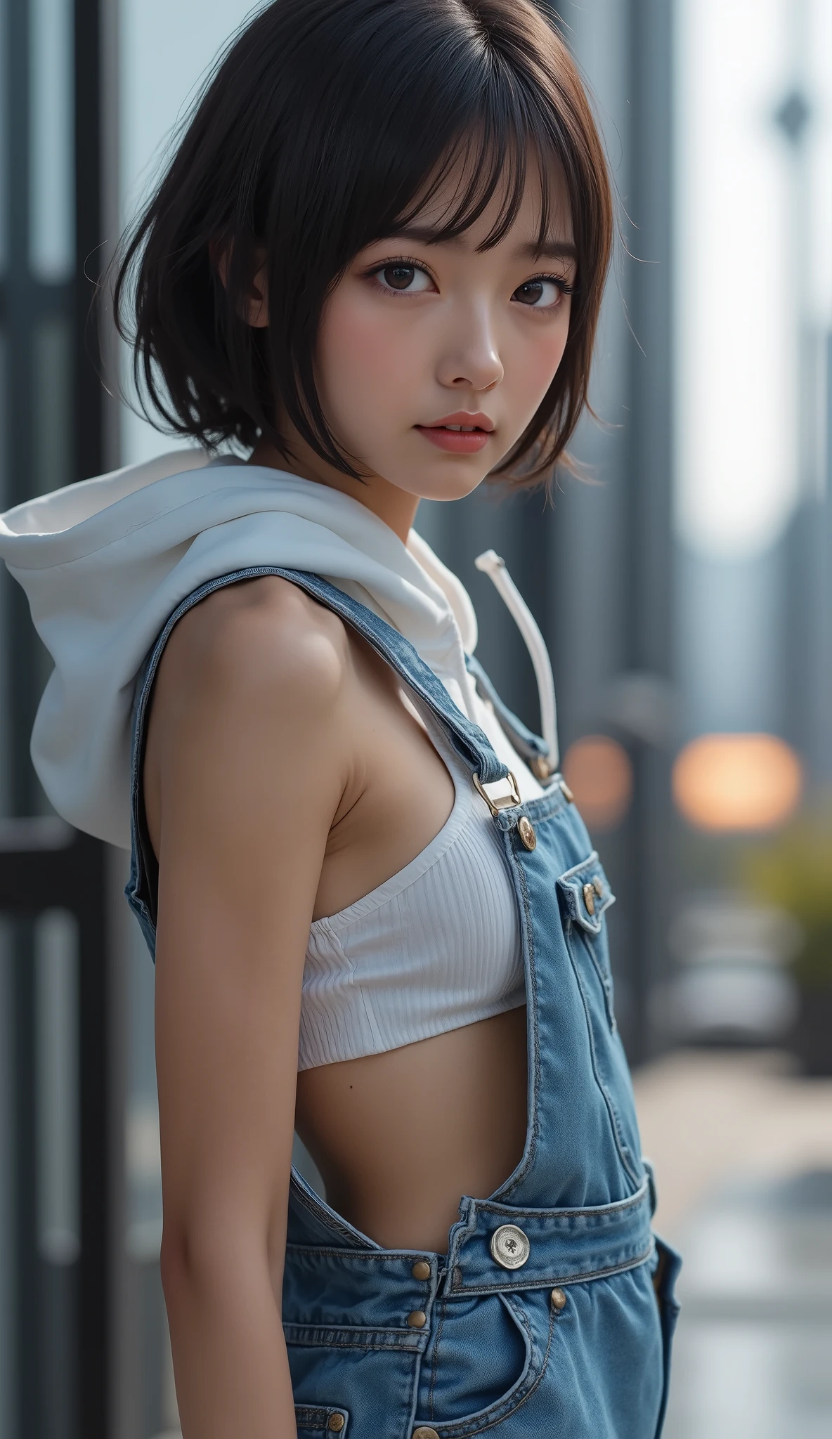 8k, ultra high resolution , top quality, Masterpiece,rule of thirds,golden ratio, surreal, photos, one woman,( girl:1.3), cute, cute顔, Beautiful Eyes in Every Detail , 細かく Details, mature woman, princess,Close UP,smile, black hair, shorthair,Bowl cut,ID photo,future, brutal cyberpunk woman, luxurious and beautiful ,(( overalls)), (( Oversized Hoodie)), very delicate expression , delicate eye description,, Healthy body shape, (( 1 female)), Height: 160cm, (( thin thighs)) ,( thin waist:1.4)、( Beautiful :1.4), pink lips, profile,((( ideal body shape))),Small bust, A cup :2,、 portrait:2、 perfect anatomy in pool water 、鮮明な Details、 Details, thin lips,Perfect and beautiful face ,完璧で cute顔, Meticulous Skin , Perfect Limbs 、 thin waist, surreal,Light and Dark, fashion magazine cover,glowing