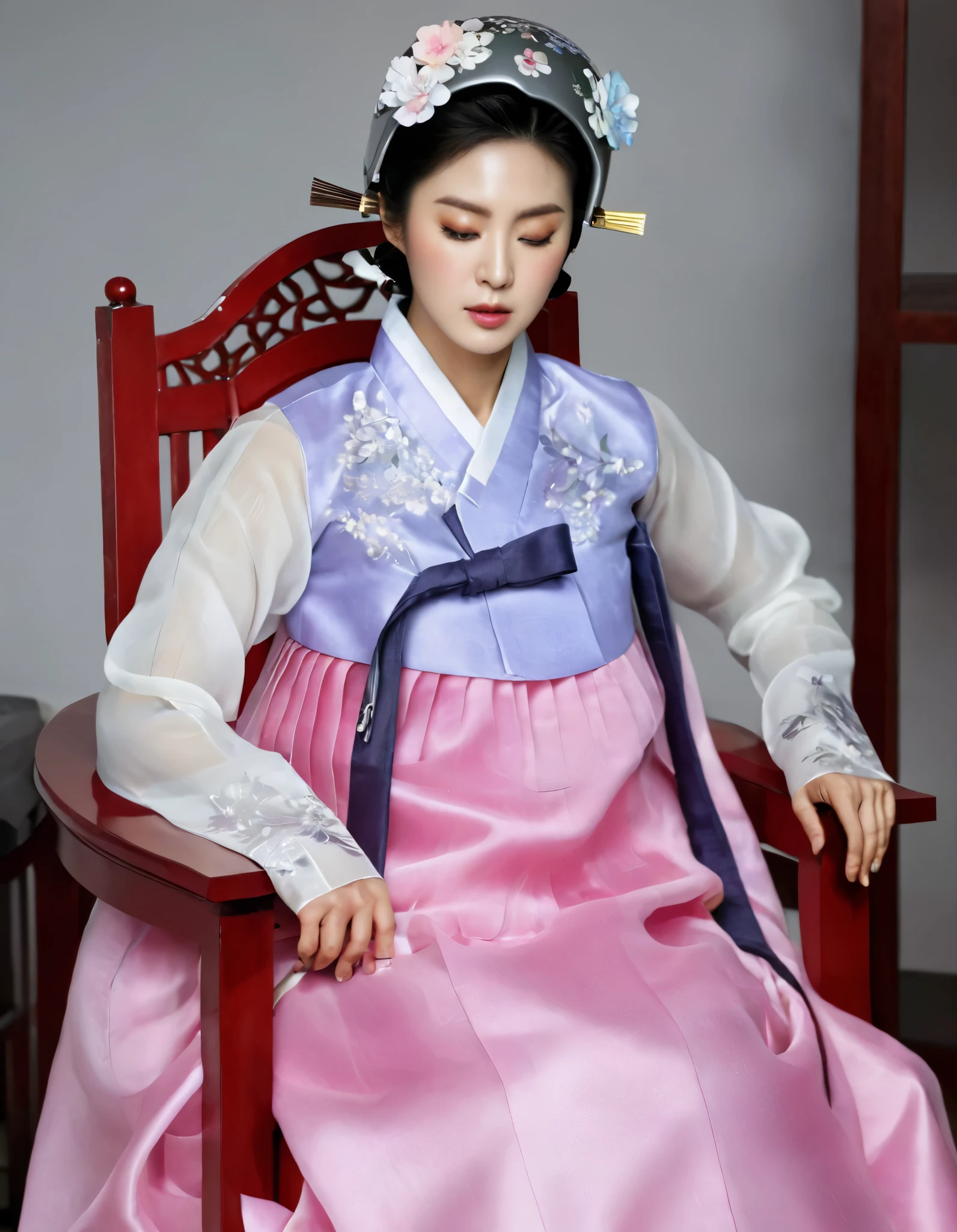 8k, A Korean man had surgery to change his body from male to female, his body is completely female, he has big breasts like a woman, but his face is not changed and still looks like a man, His hair is still manly and short, manly short hair, he is wearing a mother's hanbok dress costume, silk, Mother of the Bride Dress Outfit, white and pink, Floral pattern, sexy, see-through, He sits upright in a special chair with complex electrical equipment, Being brainwashed, He is wearing a special helmet with multiple electric cords connected to it, Being brainwashed, brainwashing electronics attached to head, expressionless, eyes closed, unconscious, slightly side view