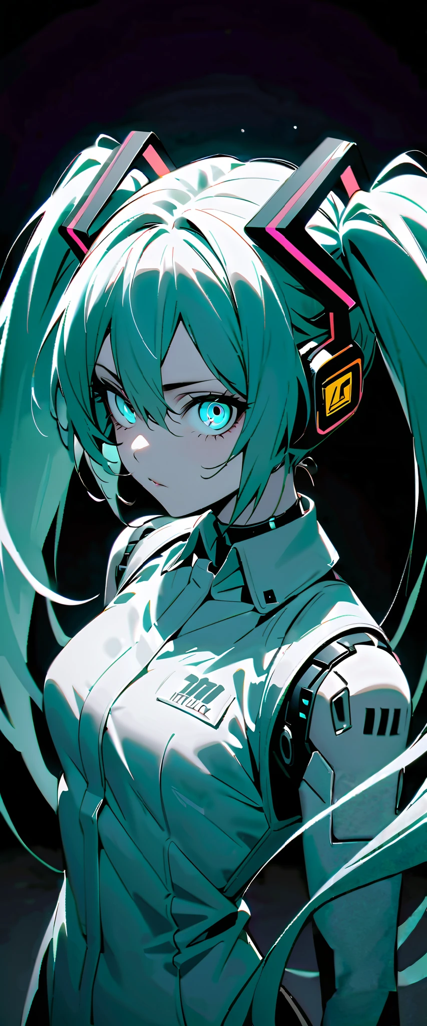 1 badass android girl, hatsune miku, twin tails, (black and white photo), android aesthetic, detailed eyes, no color