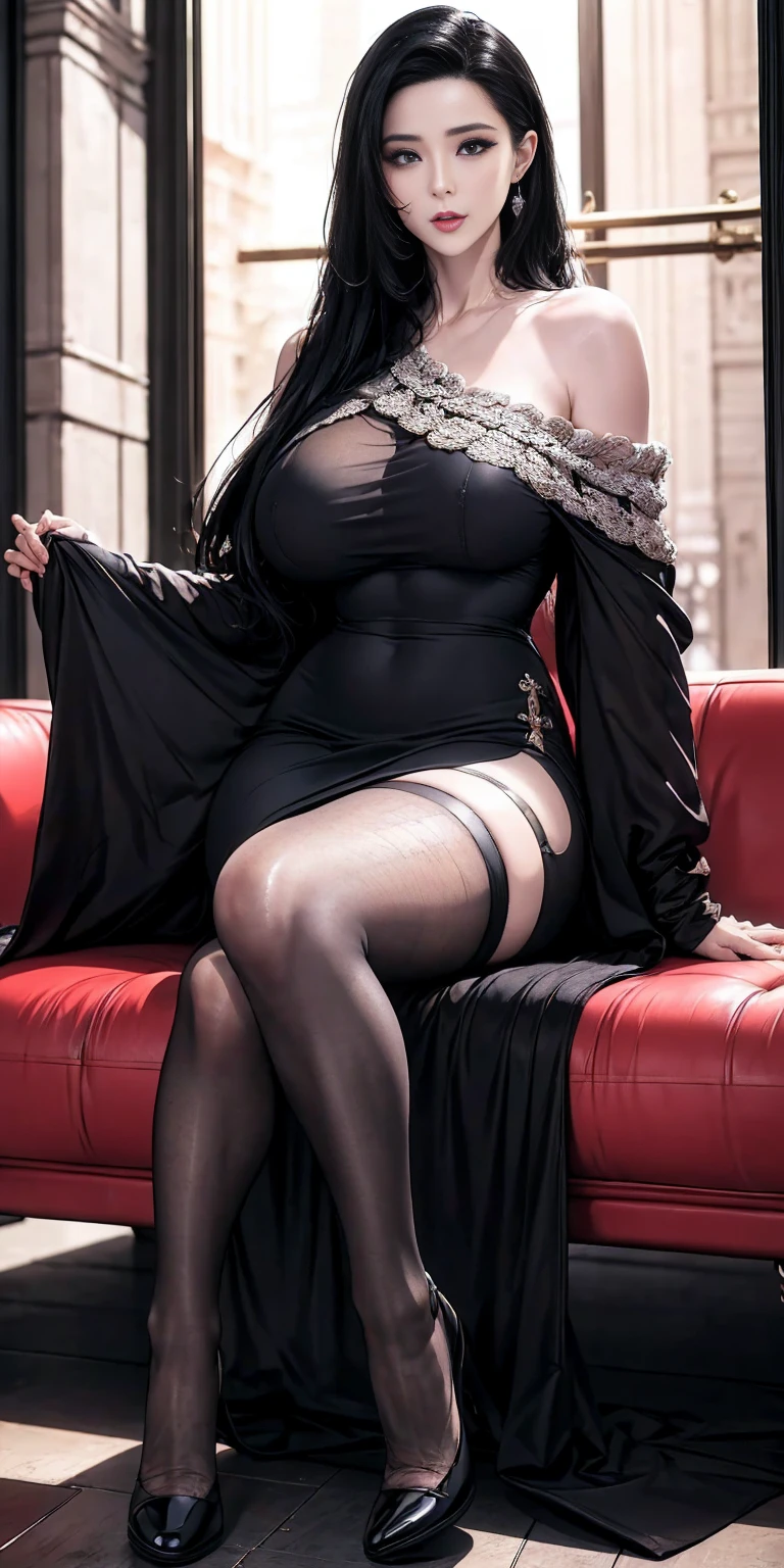 gothic woman, black hair, short and raised, blue eyes, with a gratifying look, with a black shirt, big breasts, bare legs, sitting in a chair in a hotel room, with bare feet, soles of the feet with five toes on each foot.