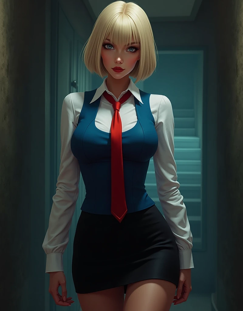 young woman,blonde, grey eyes, medium breasts, medium hips, university uniform, high, European traits, short neck length hair.