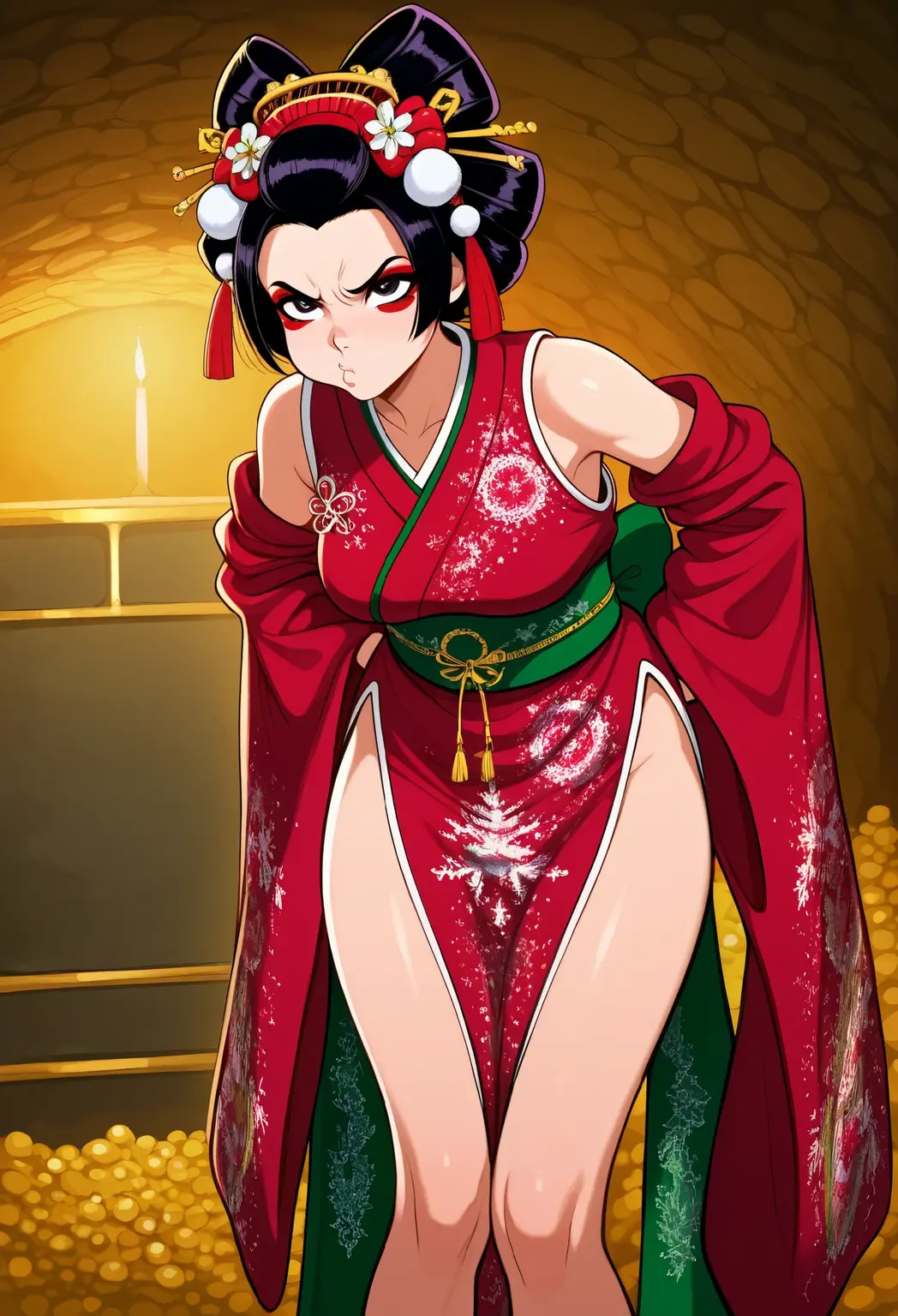 Ultra High Resolution、Ultra high quality、Ultra High Detail、Ultra high precision、Feminize Enma the Great、Hell、loimu、the magma、natta、natural soft light、Palace anatomically correct、Well-formed face、Beautiful shape、upper arm、thighs thighs thighs thighs、clean legs、Clean hands、Clean fingers、huge tit、cleavage of the breast、Small butt、Attractive kimono based on red