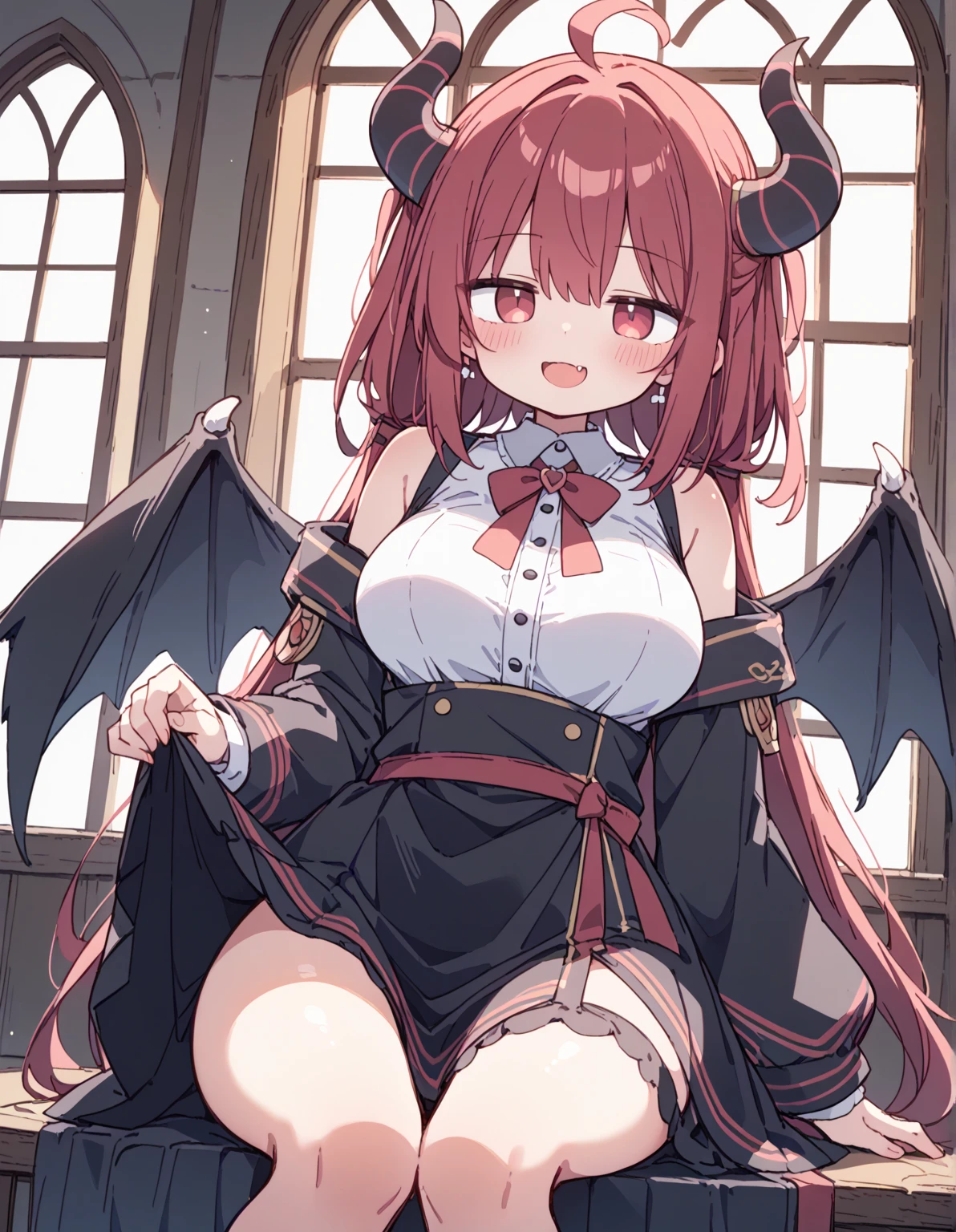 8K, 1girl. petit, , kawaii vampire, crimson hair, short hair, red eyes, bat wings, smile, (blush), (shy), fang, boots, looking at viewer, dynamic angle, wind, game cg, fantastic scenery, demon tail, black horns, in class, big breast, study, full class, horny