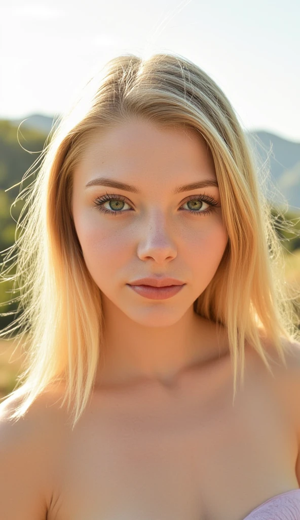 A very beautiful 23-year-old girl with blonde hair and blue eyes is riding a bicycle without clothes.