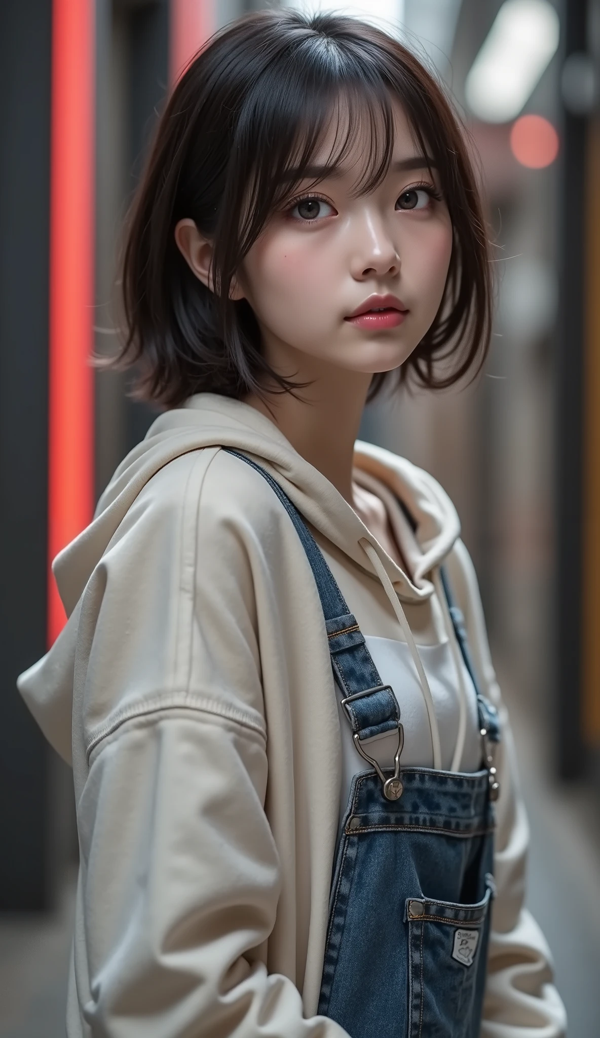 8k, ultra high resolution , top quality, Masterpiece,rule of thirds,golden ratio, surreal, photos, one woman,( girl:1.3), cute, cute顔, Beautiful Eyes in Every Detail , 細かく Details, mature woman, princess,Close UP,smile, black hair, shorthair,Bowl cut,ID photo,future, brutal cyberpunk woman, luxurious and beautiful ,(( overalls)), (( Oversized Hoodie)), very delicate expression , delicate eye description,, Healthy body shape, (( 1 female)), Height: 160cm, (( thin thighs)) ,( thin waist:1.4)、( Beautiful :1.4), pink lips, profile,((( ideal body shape))),Small bust, A cup :2,、 portrait:2、 perfect anatomy in pool water 、鮮明な Details、 Details, thin lips,Perfect and beautiful face ,完璧で cute顔, Meticulous Skin , Perfect Limbs 、 thin waist, surreal,Light and Dark, fashion magazine cover,glowing