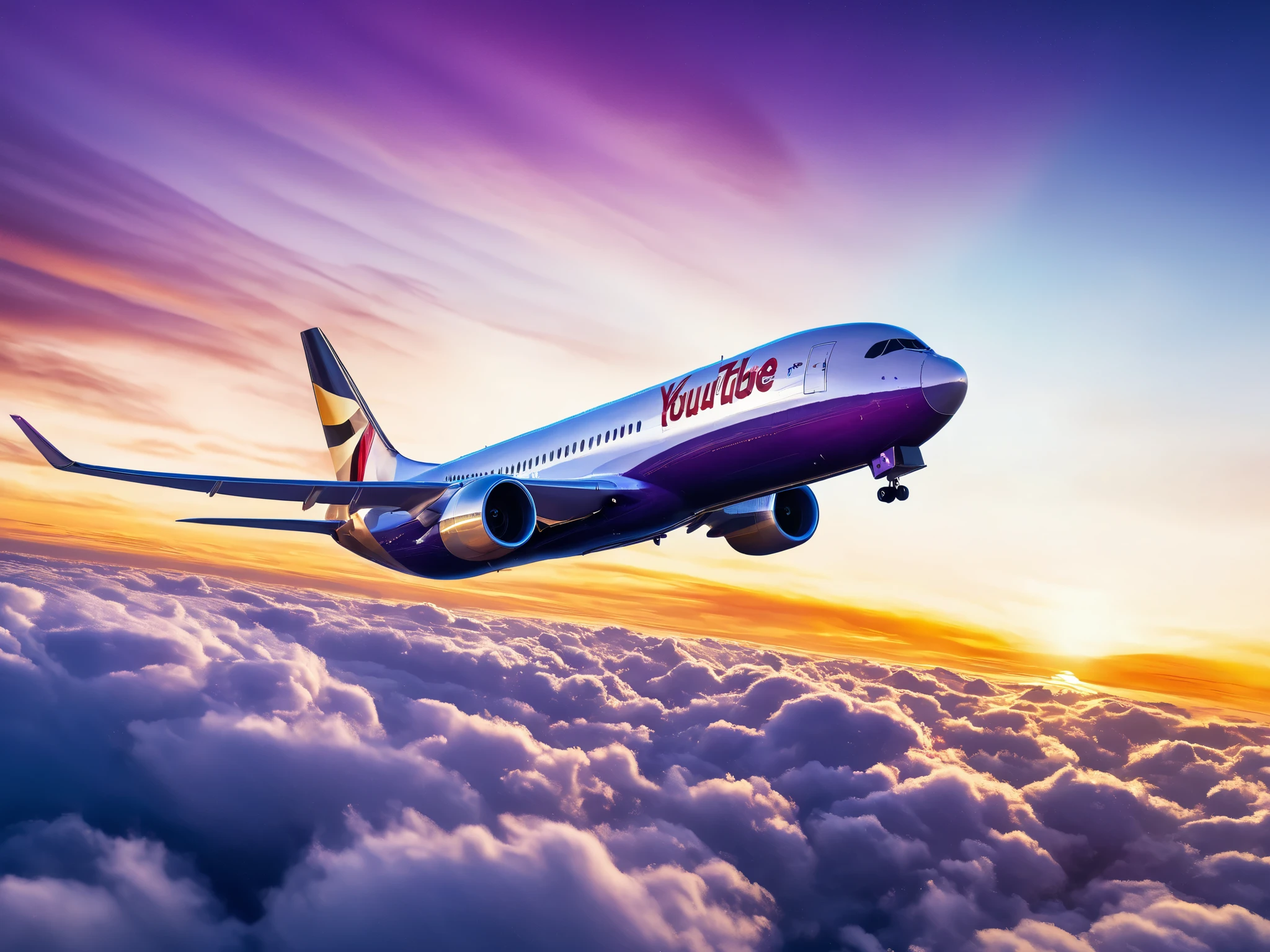 An immersive, cinematic image of a modern airliner in flight above the clouds, captured at a dynamic angle to give a sense of speed and power. The sunset in the background creates an epic atmosphere with vibrant colors (deep blue, violet and gold). The light subtly reflects off the aircraft's fuselage, adding a realistic, detailed effect. An element reminiscent of YouTube is subtly integrated: either a semi-transparent YouTube “Play” button icon floating in the sky, or a faint red and white glow embedded in the clouds, evoking YouTube's visual identity.