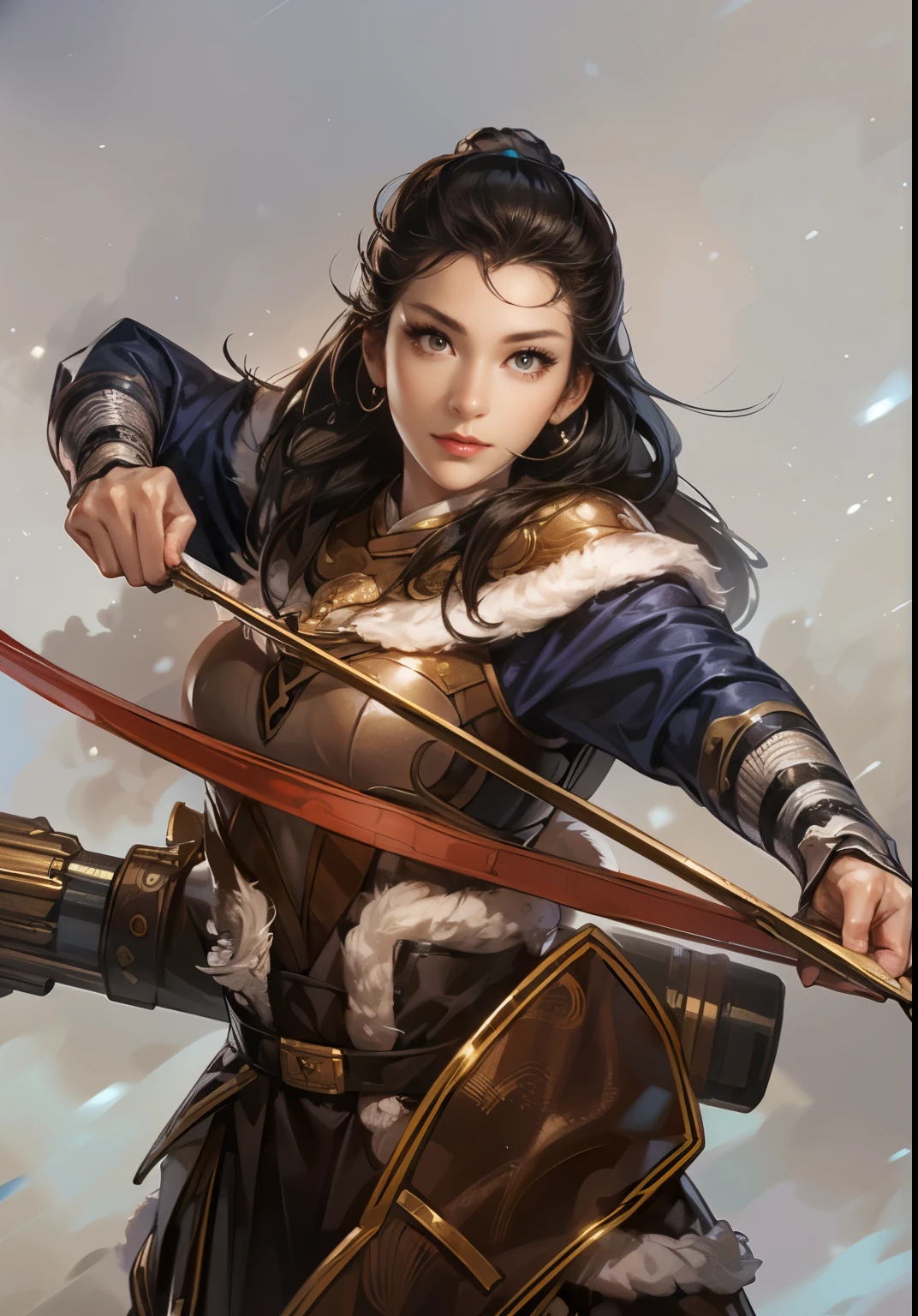 Han Dynasty Scenery 、 Three Kingdoms、 FULL BODY、( top quality,4K,8k, high resolution,masterpiece:1.2)、VERY DETAILED, high resolution,Hyper HD、 studio lighting 、 Ultra Fine Picture 、 sharp focus、 physically-based rendering 、 VERY DETAILED explanation、 Professional、 Vivid colors、 Traditional Chinese Painting Techniques 、 atmospheric lighting、 Vivid colors 대비、VERY DETAILED eyes and face、 Attention to Beautiful Details、 Light on the face、young woman in leather armor 、 is in perfect shape 、 ((( 1 woman)))、( Beautiful Women)、 Anatomically accurate 、 dynamic posture 、calm hair、 (( medium sized breasts ))、、(shiny skin:1.3)、A woman pulling a bow