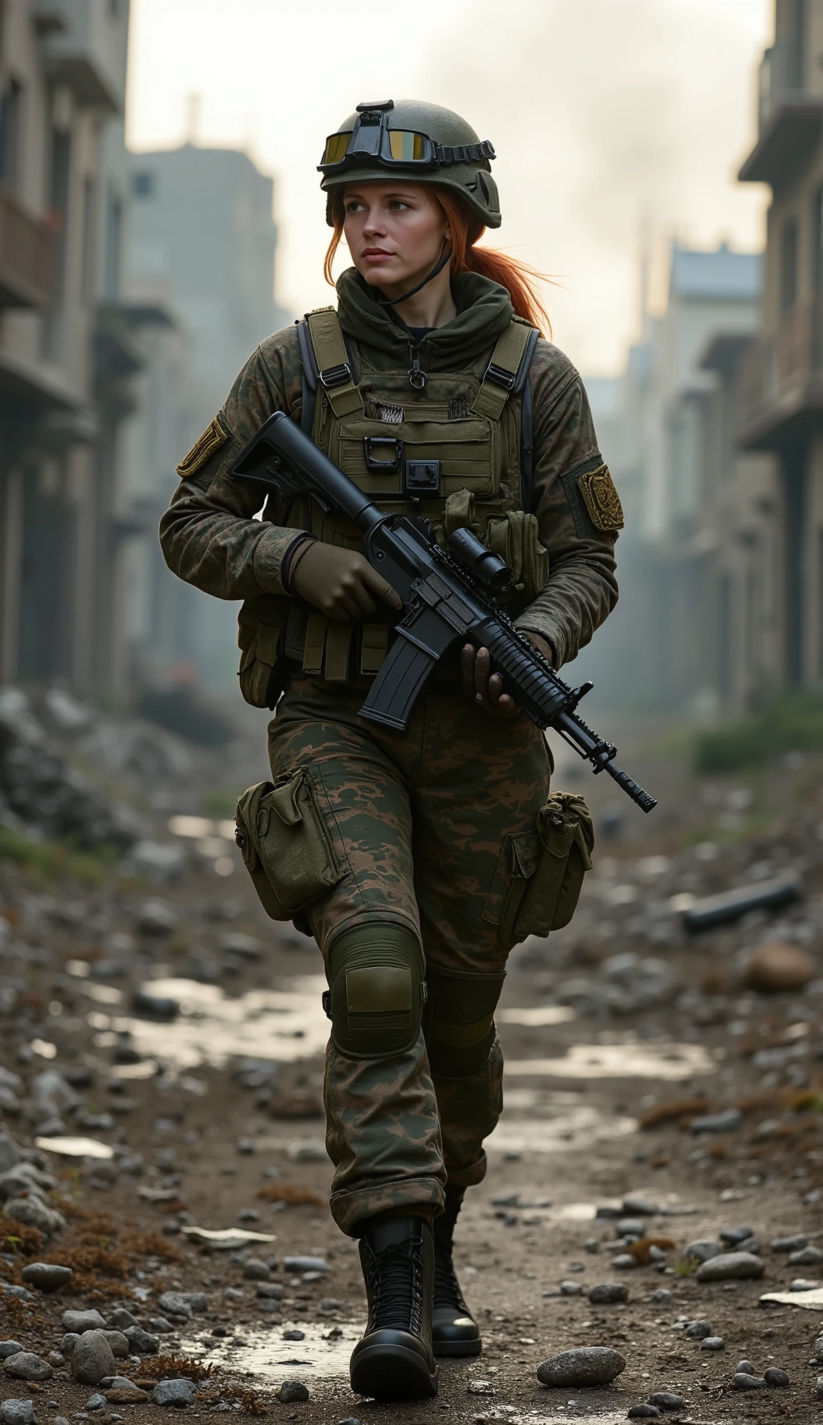 "A beautiful 20-year-old Russian woman, a formidable special naval forces soldier. Her body is fit and muscular, reflecting rigorous training and military discipline. Her reddish hair is neatly tied back to keep it from interfering in combat.
She wears the signature combat outfit of the Russian special naval forces, consisting of a tactical camouflage uniform, a bulletproof vest with multiple utility pockets, combat gloves, and an advanced combat helmet equipped with a communication system. Sturdy military boots protect her feet as she moves through rough terrain.
In her hands, she firmly grips a modern military rifle, ready for action at any moment. She walks with determined steps, full of vigilance, showcasing her experience on the front lines. Her sharp eyes scan the surroundings, ever prepared for threats on the battlefield.
The background features the ruins of a city in Eastern Europe, with destroyed buildings and scattered debris. Thin smoke still rises from several points, remnants of a battle that has taken place. The dim sunlight casts a somber glow over the war-torn landscape, emphasizing the ongoing conflict.
This 3/4 body portrait depicts a strong, professional, and fearless female warrior, ready to face danger in the heart of the battlefield."